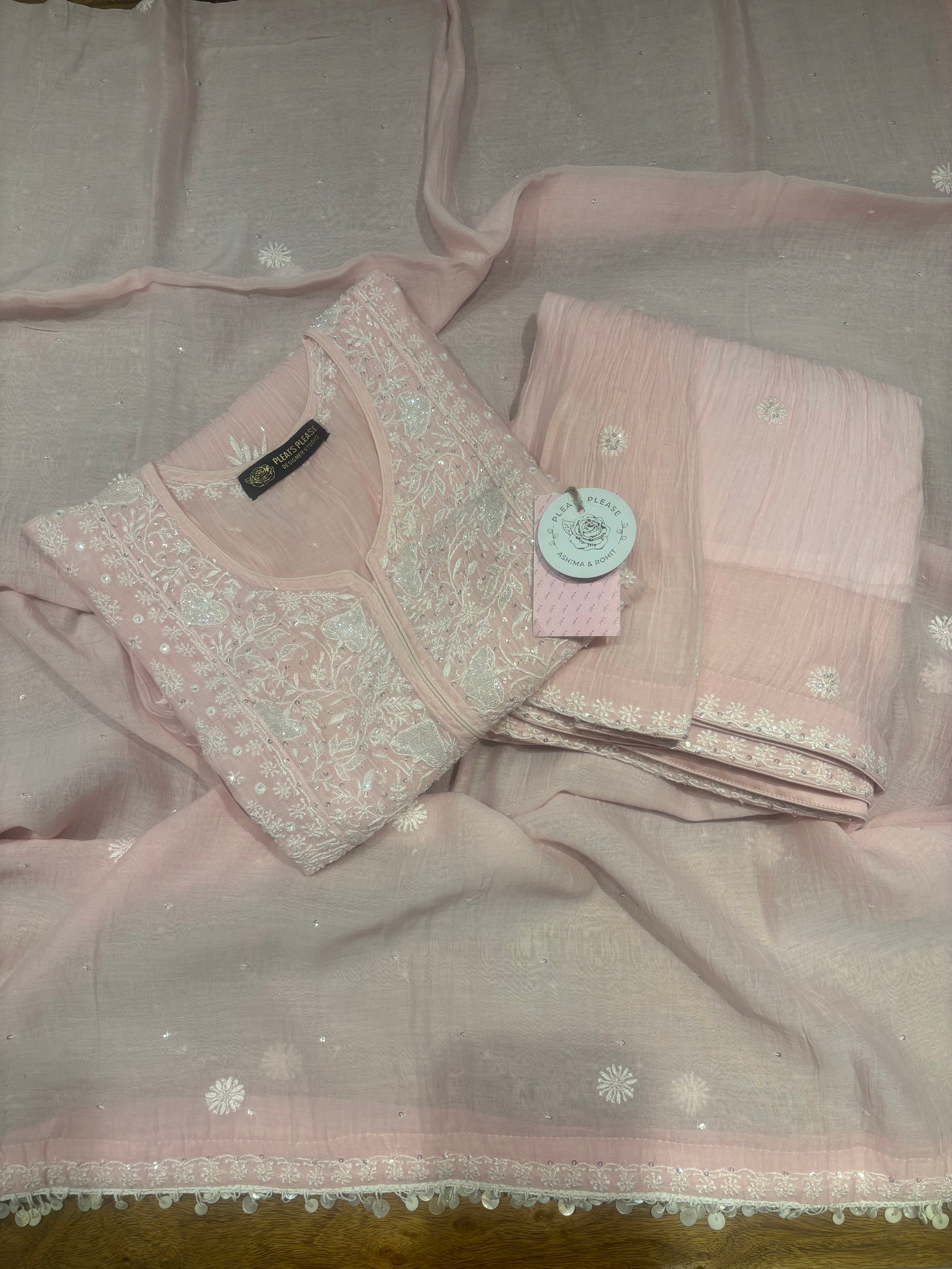 Soft Pink Chanderi Mul Chikankari Kurta, Sharara & Dupatta Set