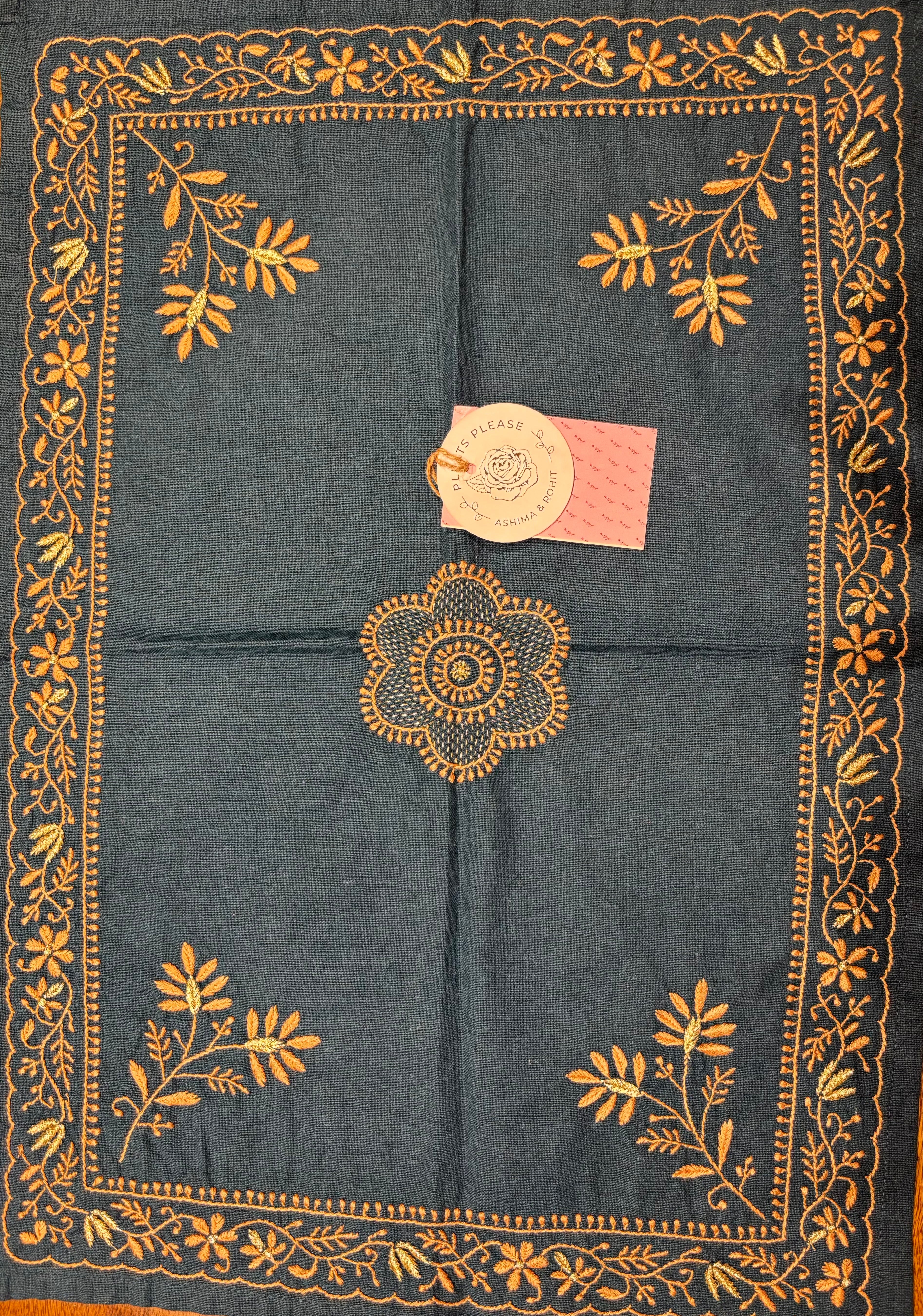 Turquoise Blue Linen Cotton Chikankari Table Mat