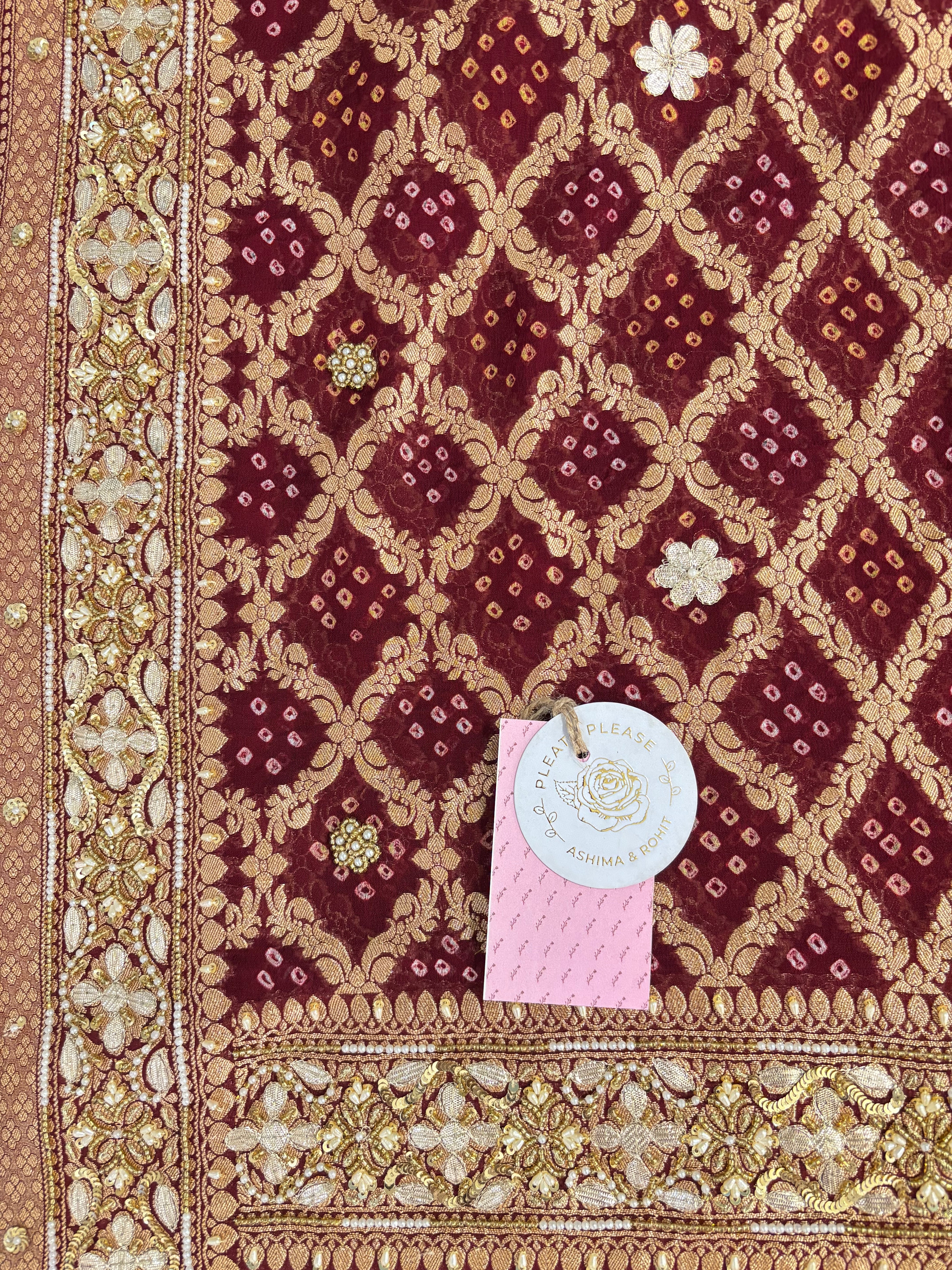 Maroon Pure Georgette Gota Patti Bandhej Zardozi Dupatta