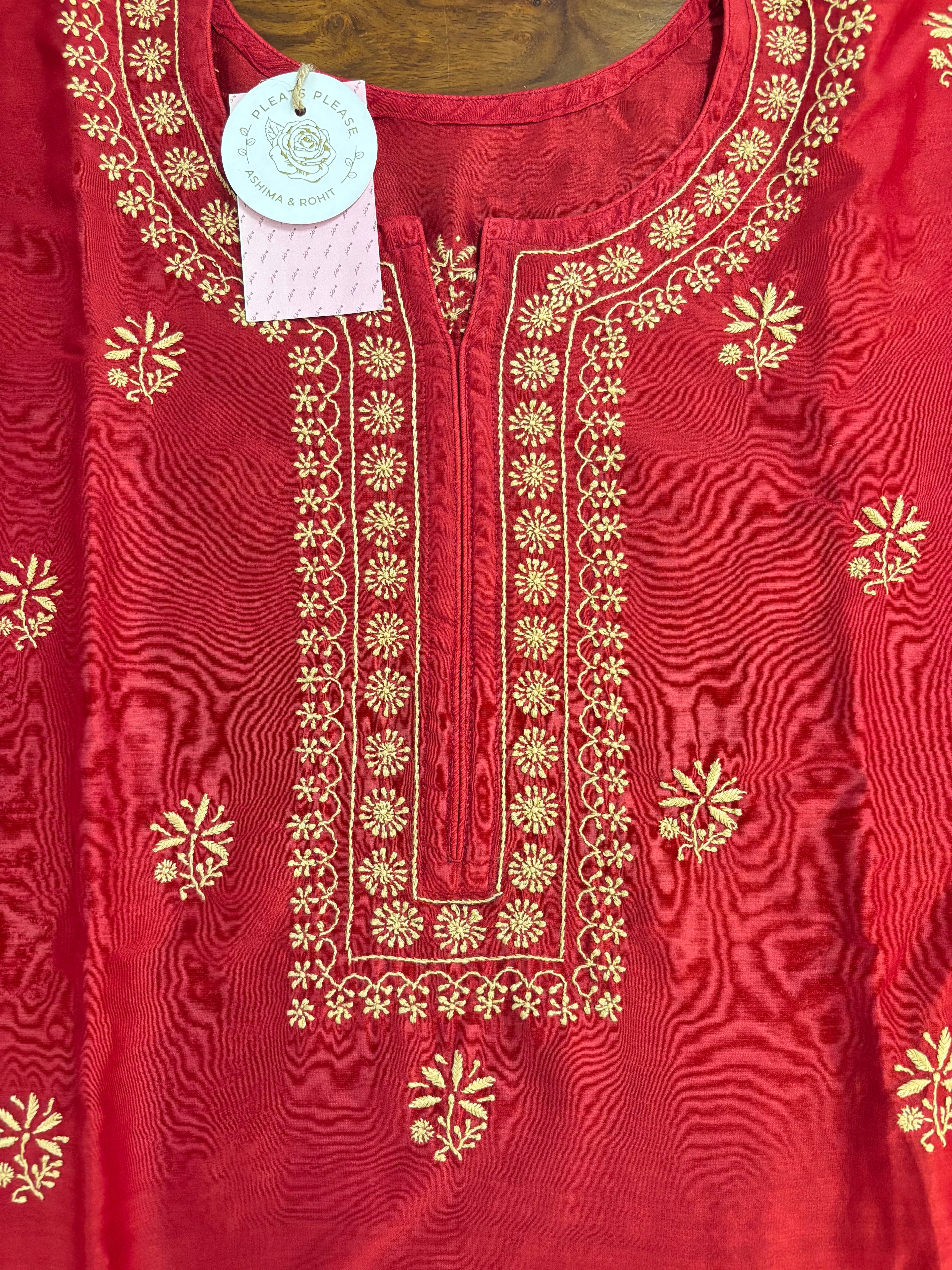 Crimson Red Chanderi Silk Chikankari Kurta,Bottom With Organza Dupatta