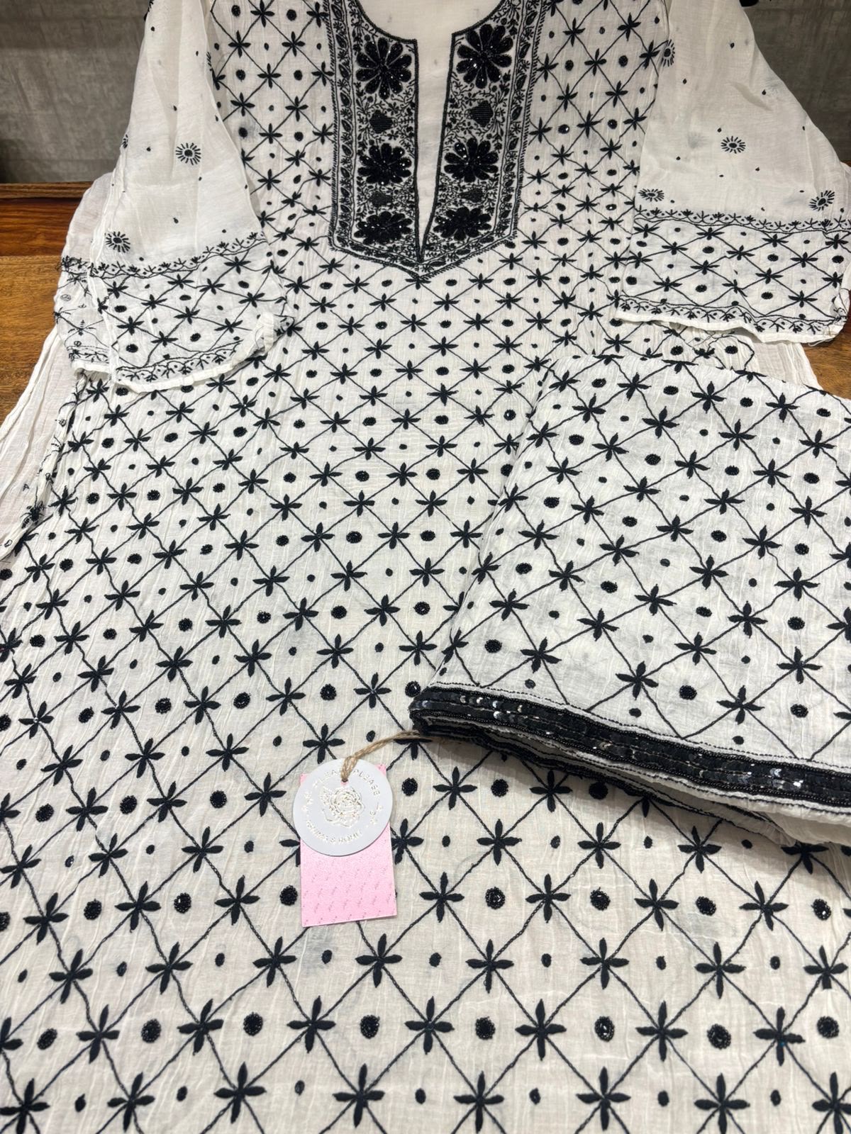 Dyeable Black & White Chanderi Mul Chikankari Kurta & Dupatta