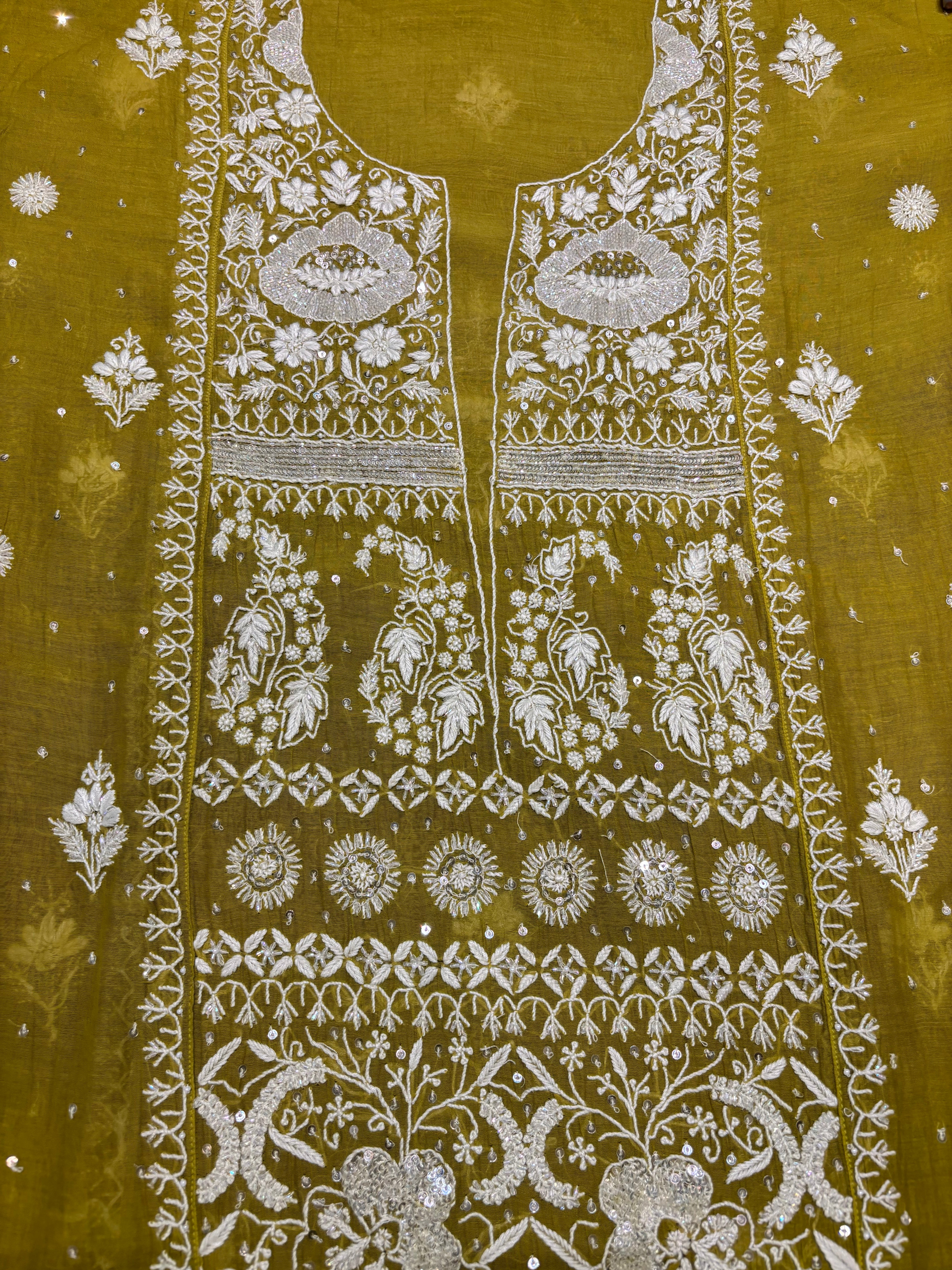 Olive Green Chanderi Mul Chikankari Kurta and Dupatta