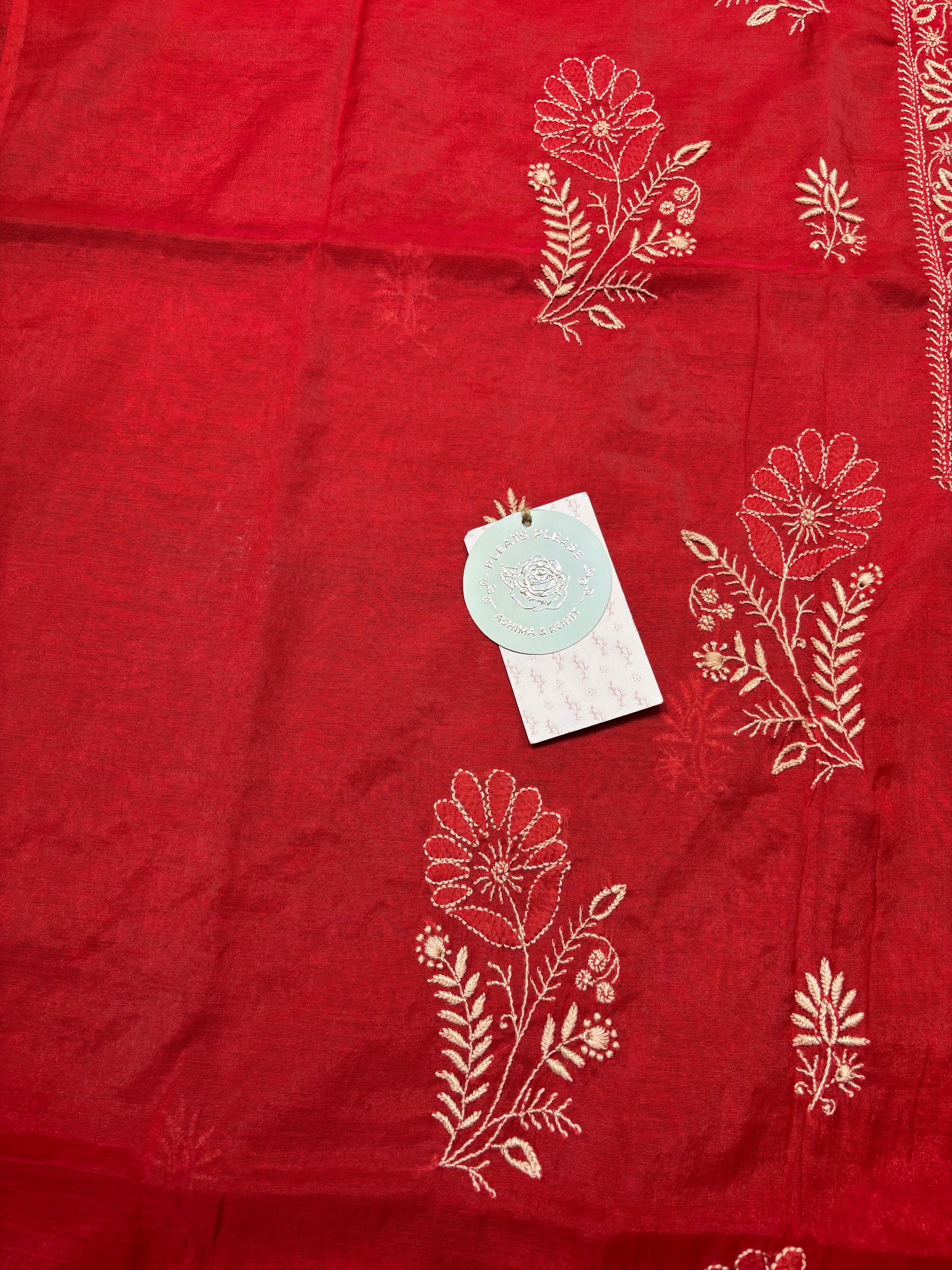 Red Chanderi Silk Chikankari Kurta And Dupatta Set