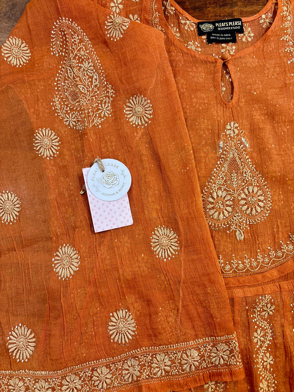 Burnt Orange Pure & Premium Tissue Chikankari Mukaish Bajirao Anarkali & Dupatta