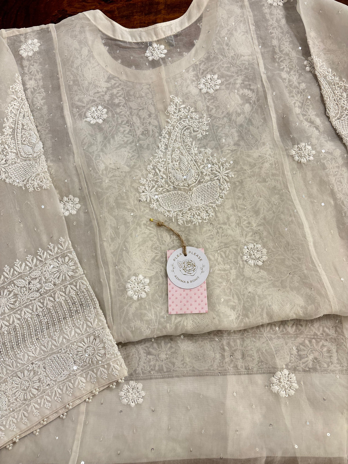 Dyeable Pure Organza Chikankari Kurta, Dupatta With Bottom