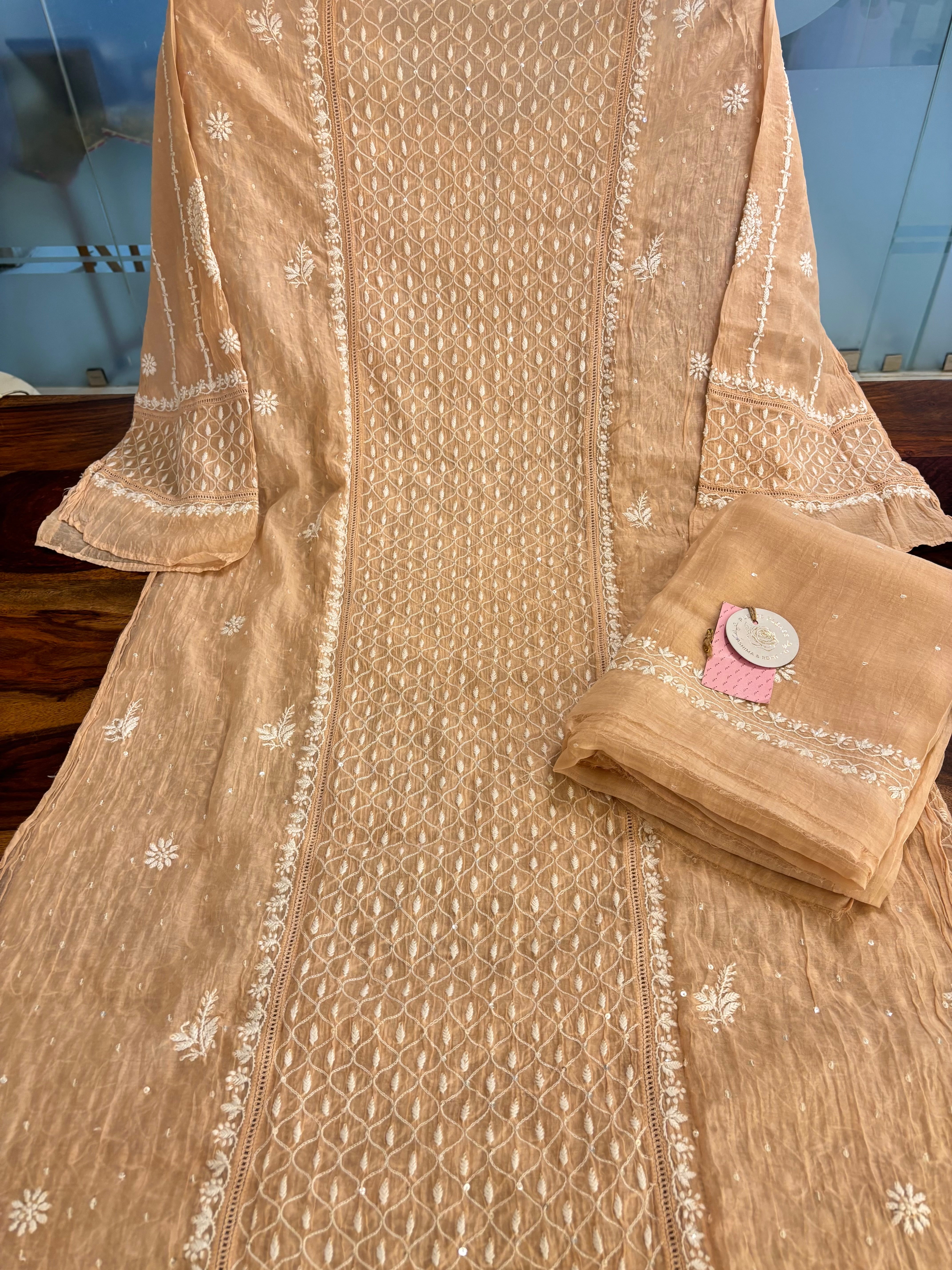 Peach Chanderi Chikankari Kurta & Dupatta