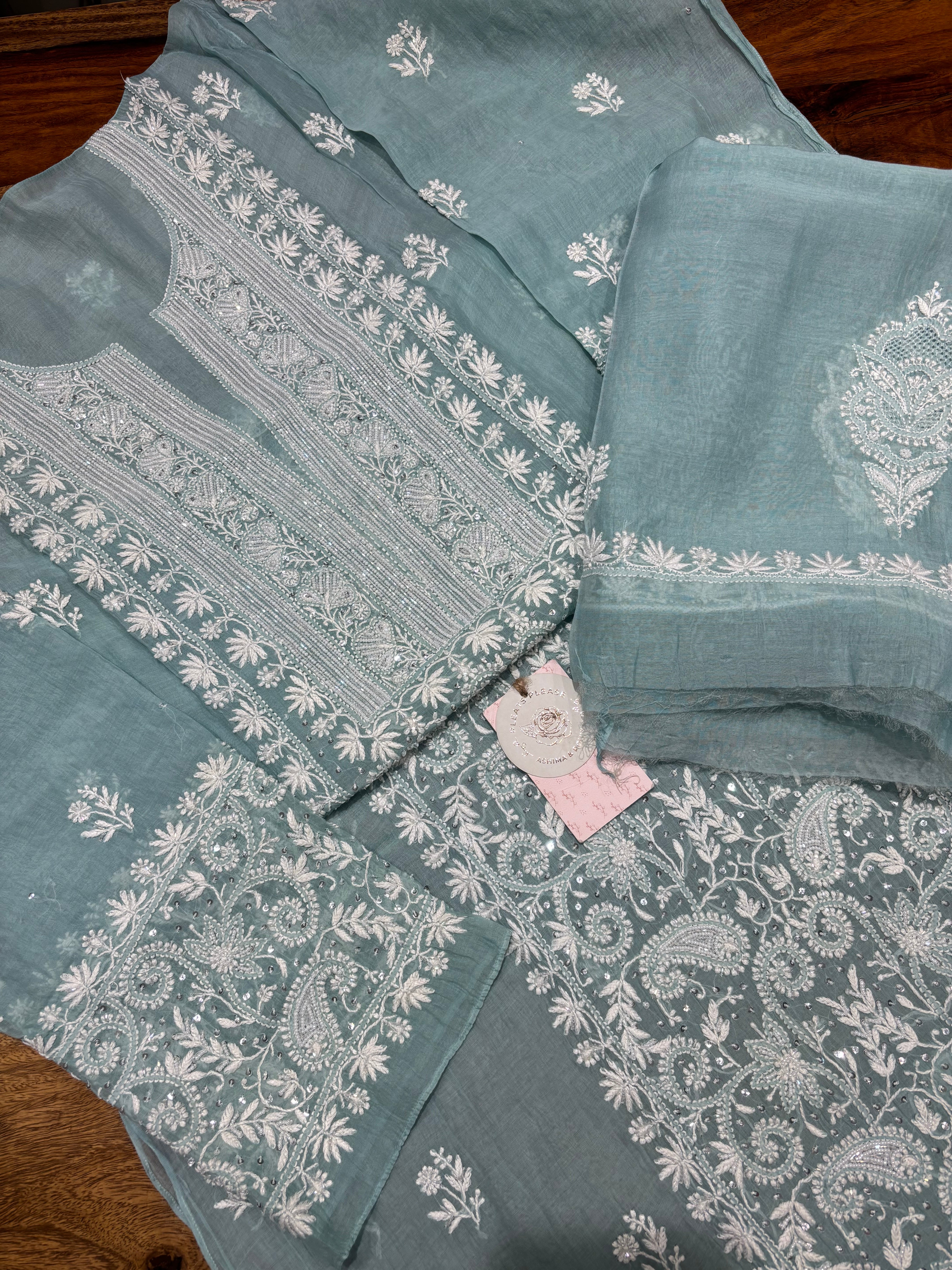 Sea Foam Chanderi Mul Chikankari Kurta & Dupatta Set