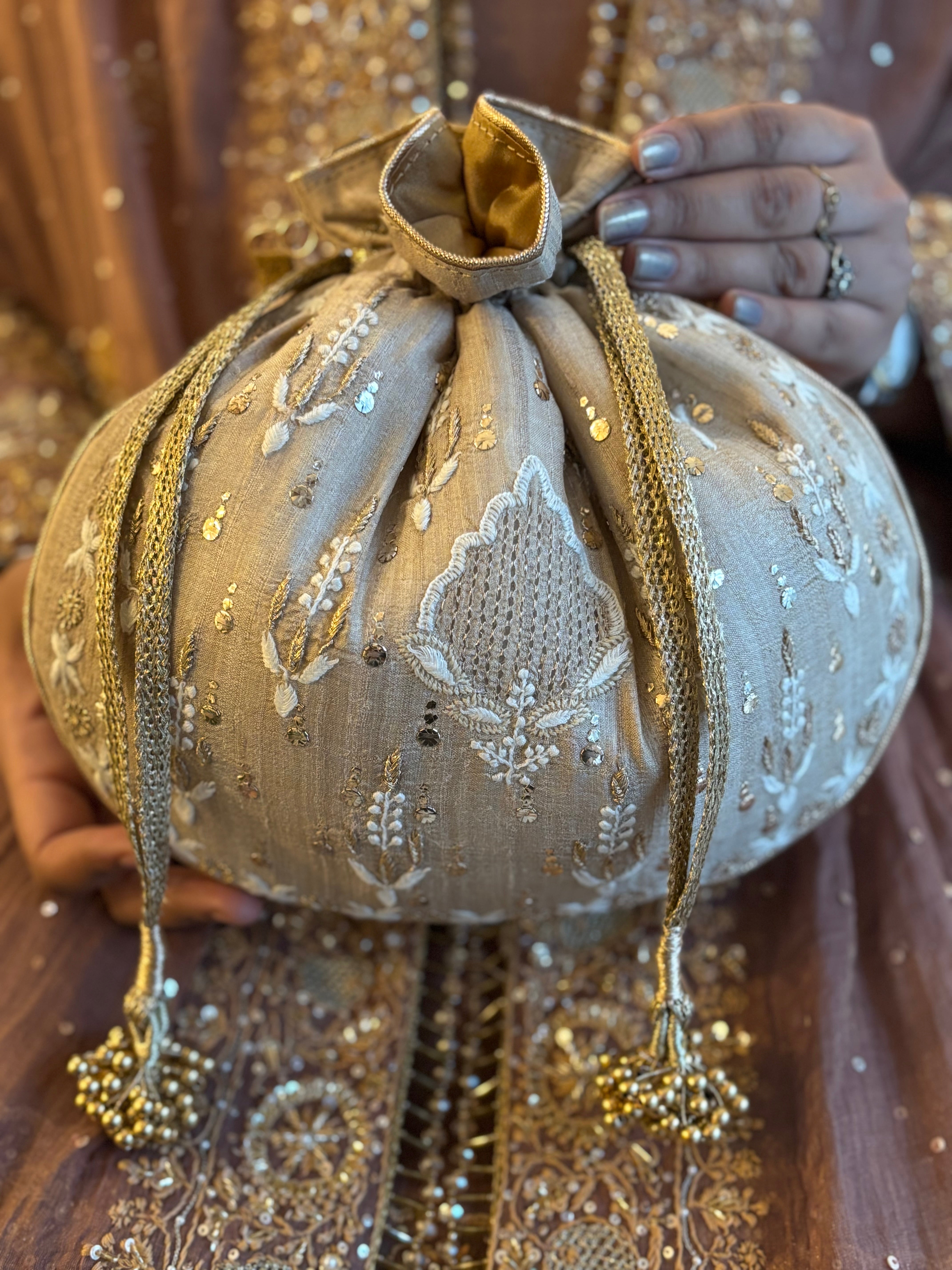 Beige Chikankari and Mukaish Batua