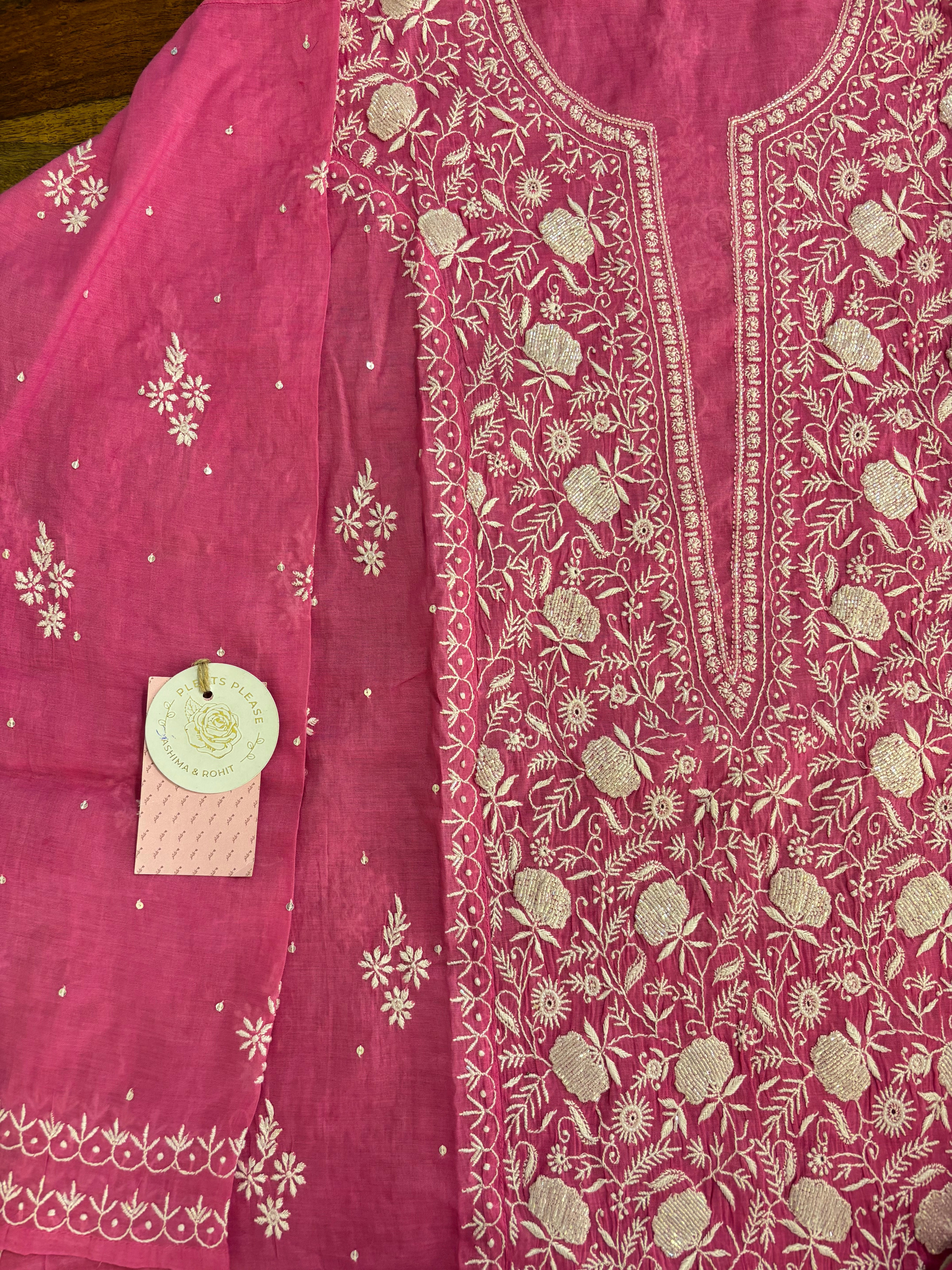 Magenta Chanderi Cotton Chikankari Kurta & Dupatta
