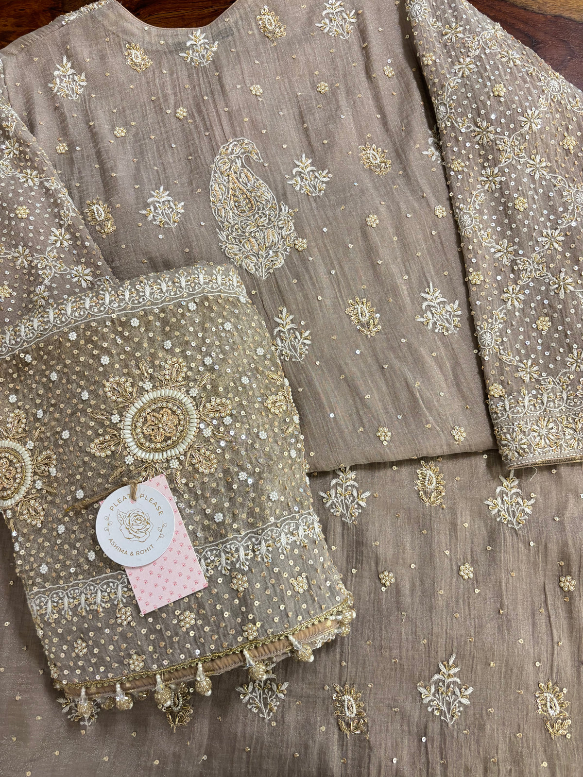 Taupe-Brown Pure & Premium Tissue Chikankari Kurta & Dupatta