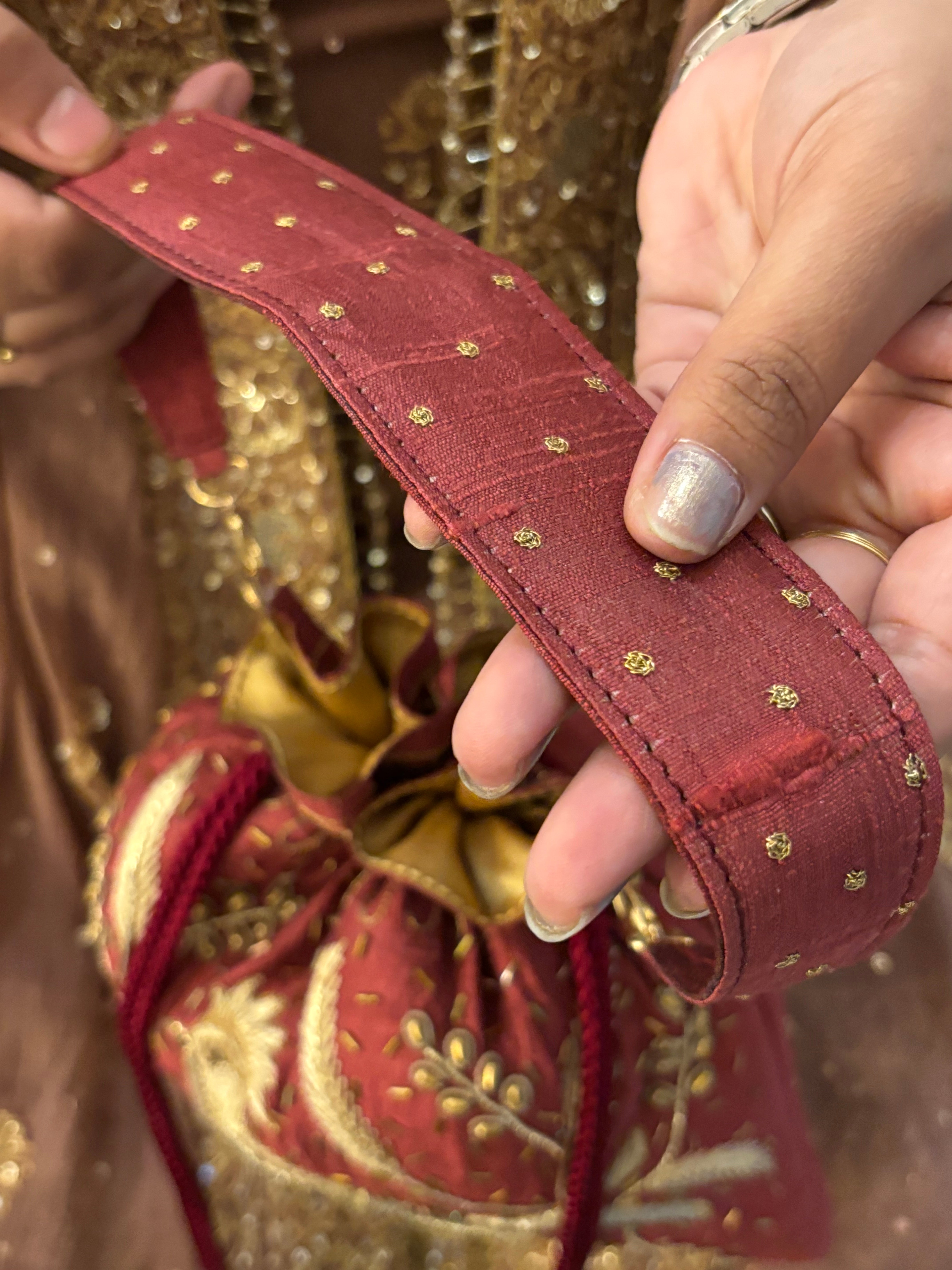 Beetroot Chikankari and Zardozi Potli