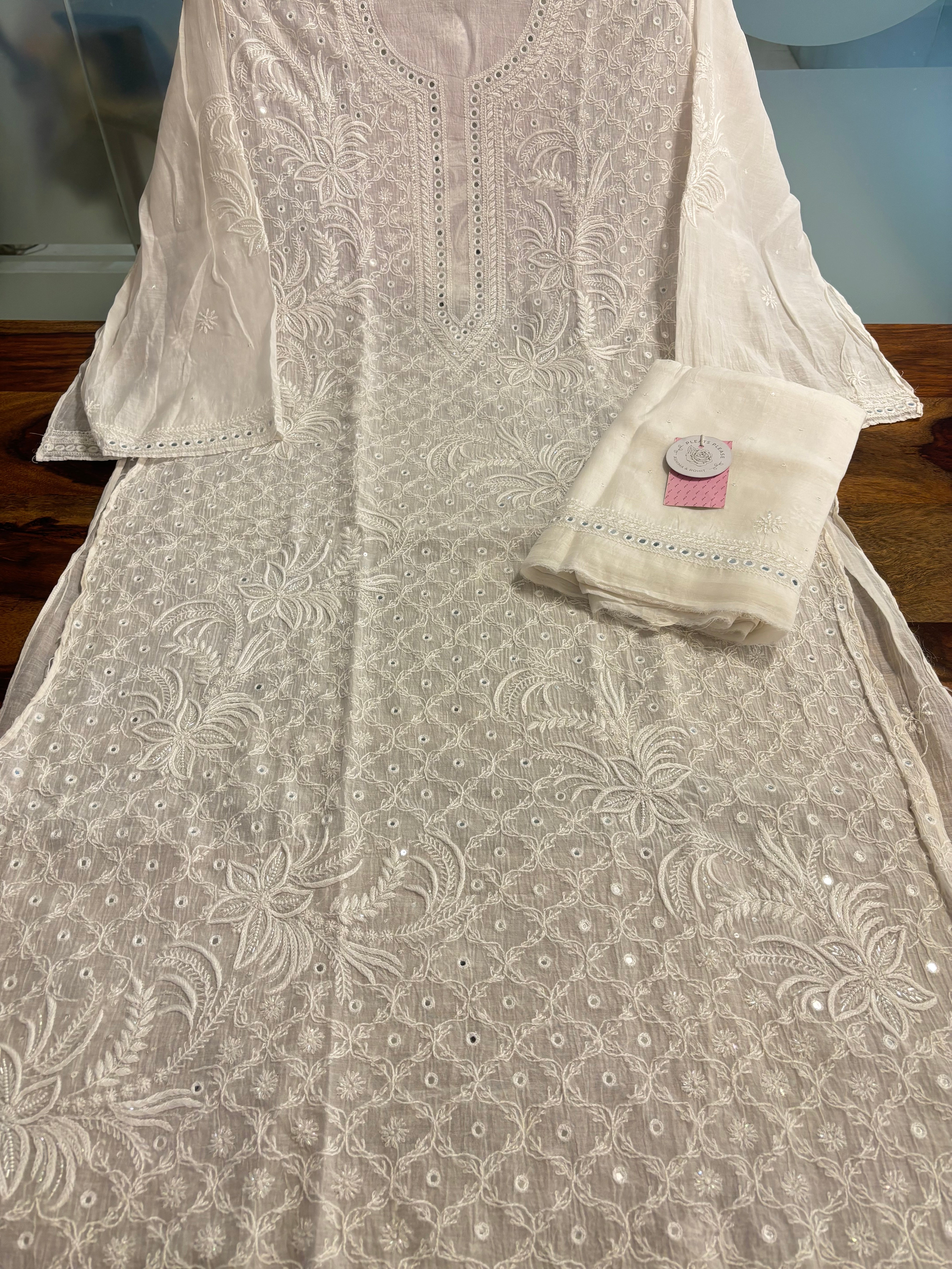 Dyeable Chanderi Mirror Chikankari Kurta & Dupatta - Pleats PleaseChikankari