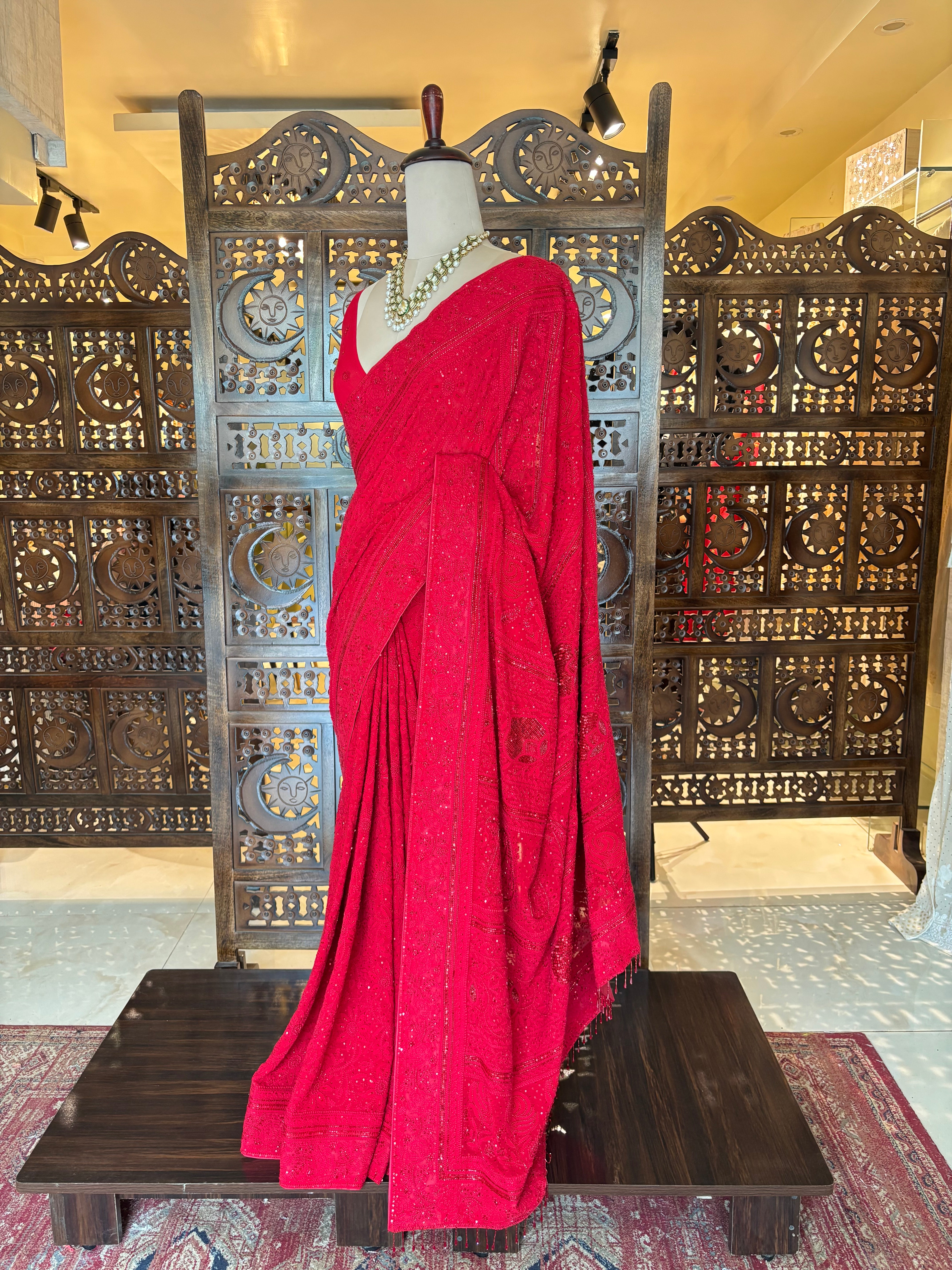 Crimson Red Pure & Premium Georgette Chikankari Saree - Pleats PleaseChikankari