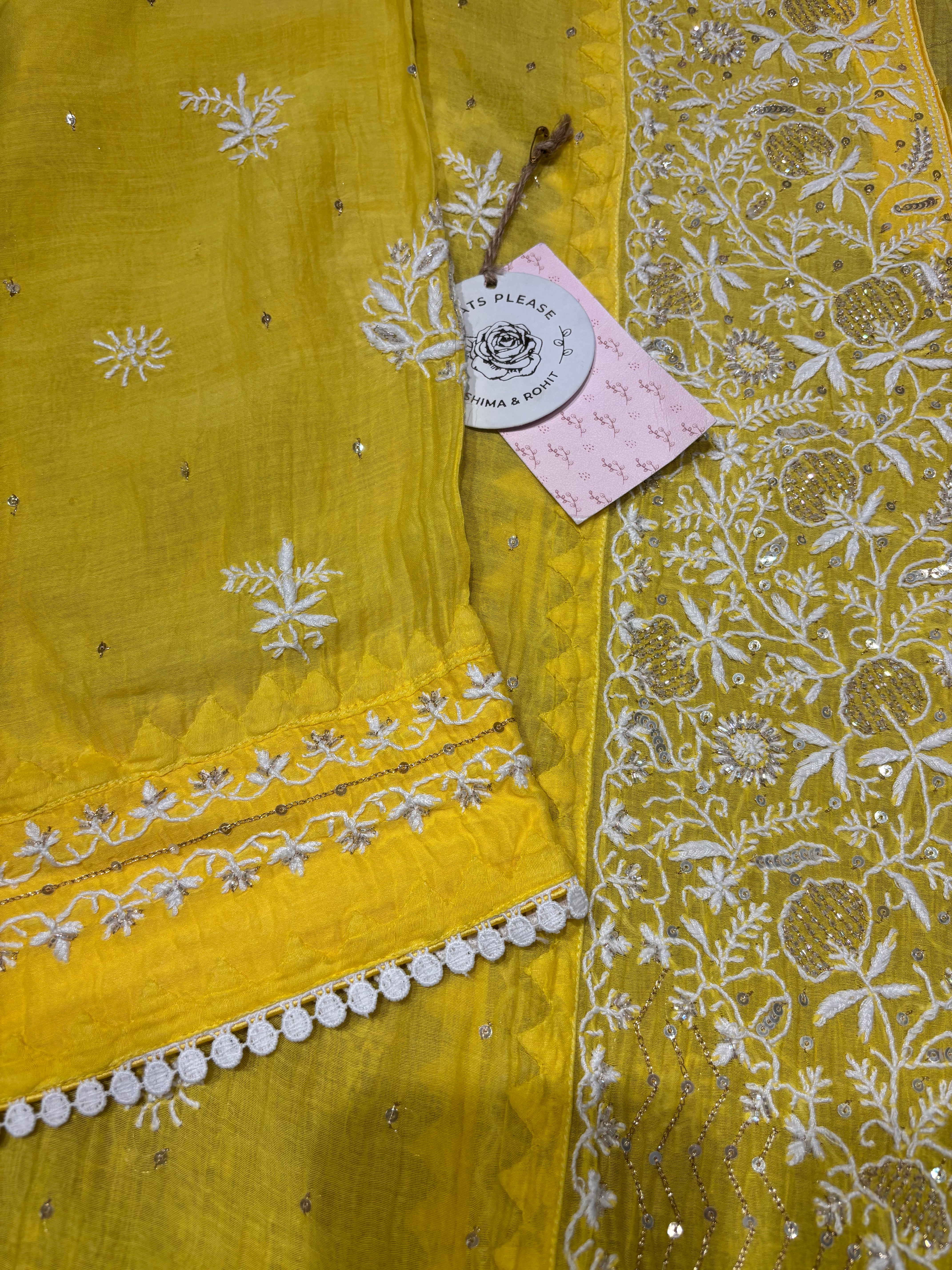 Yellow Chanderi Mul Chikankari Kurta and Dupatta set
