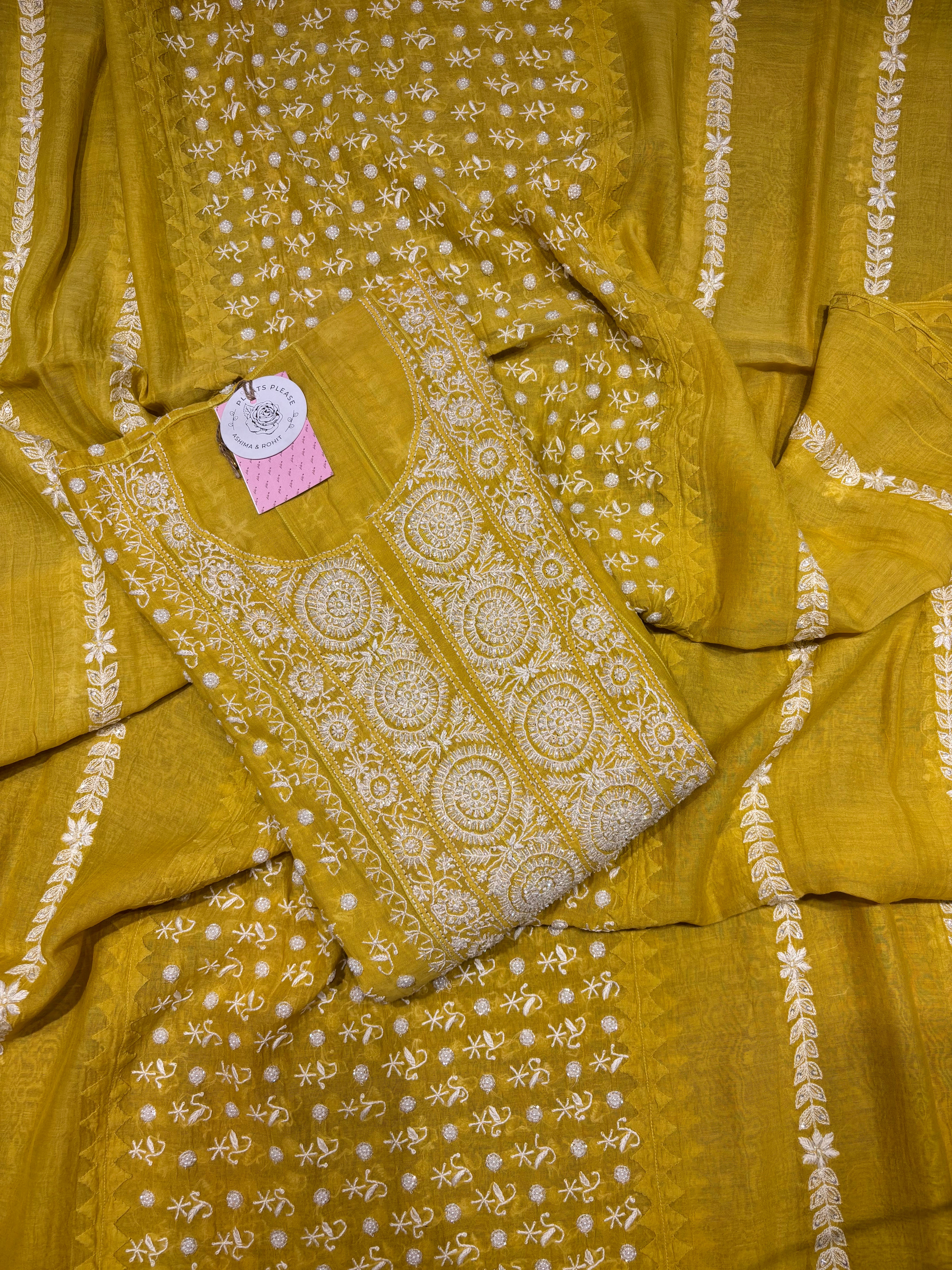 Lime Yellow Chanderi Mul Chikankari Anarkali & Dupatta Set