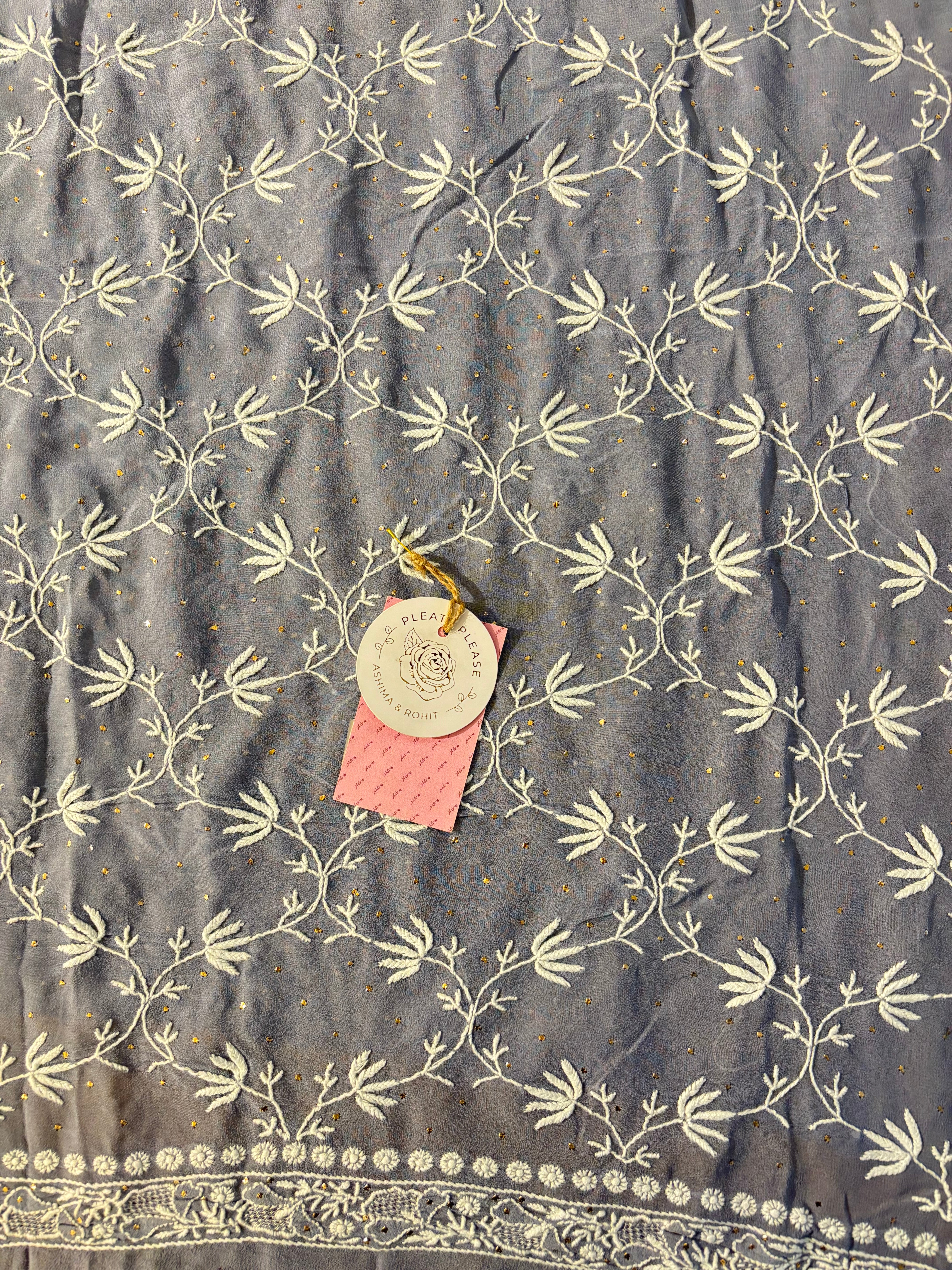 Greyish Powder Blue Pure Georgette Chikankari Mukaish Kurta & Dupatta