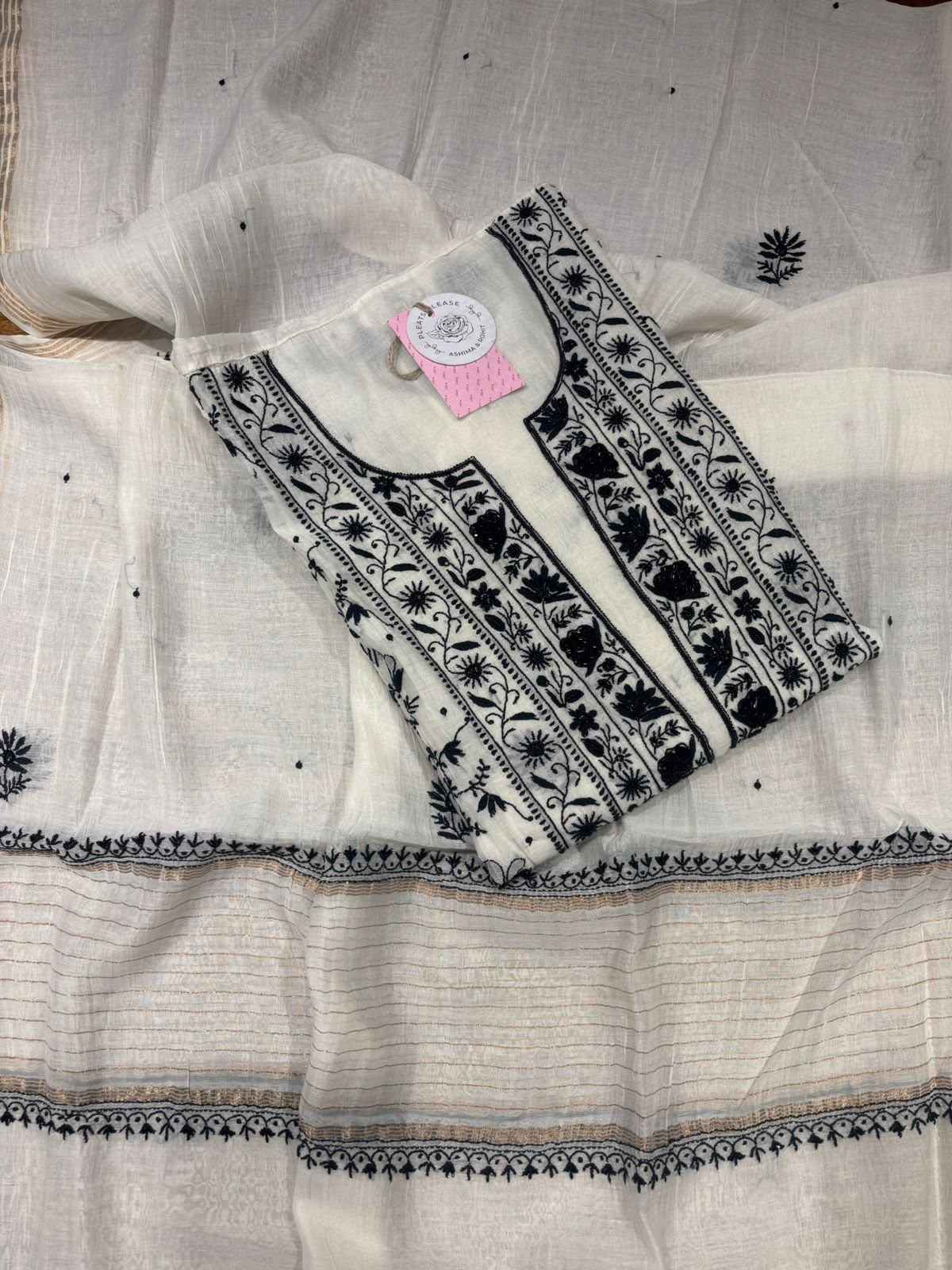 Dyeable Black & white Chanderi Chikankari kurta & Dupatta