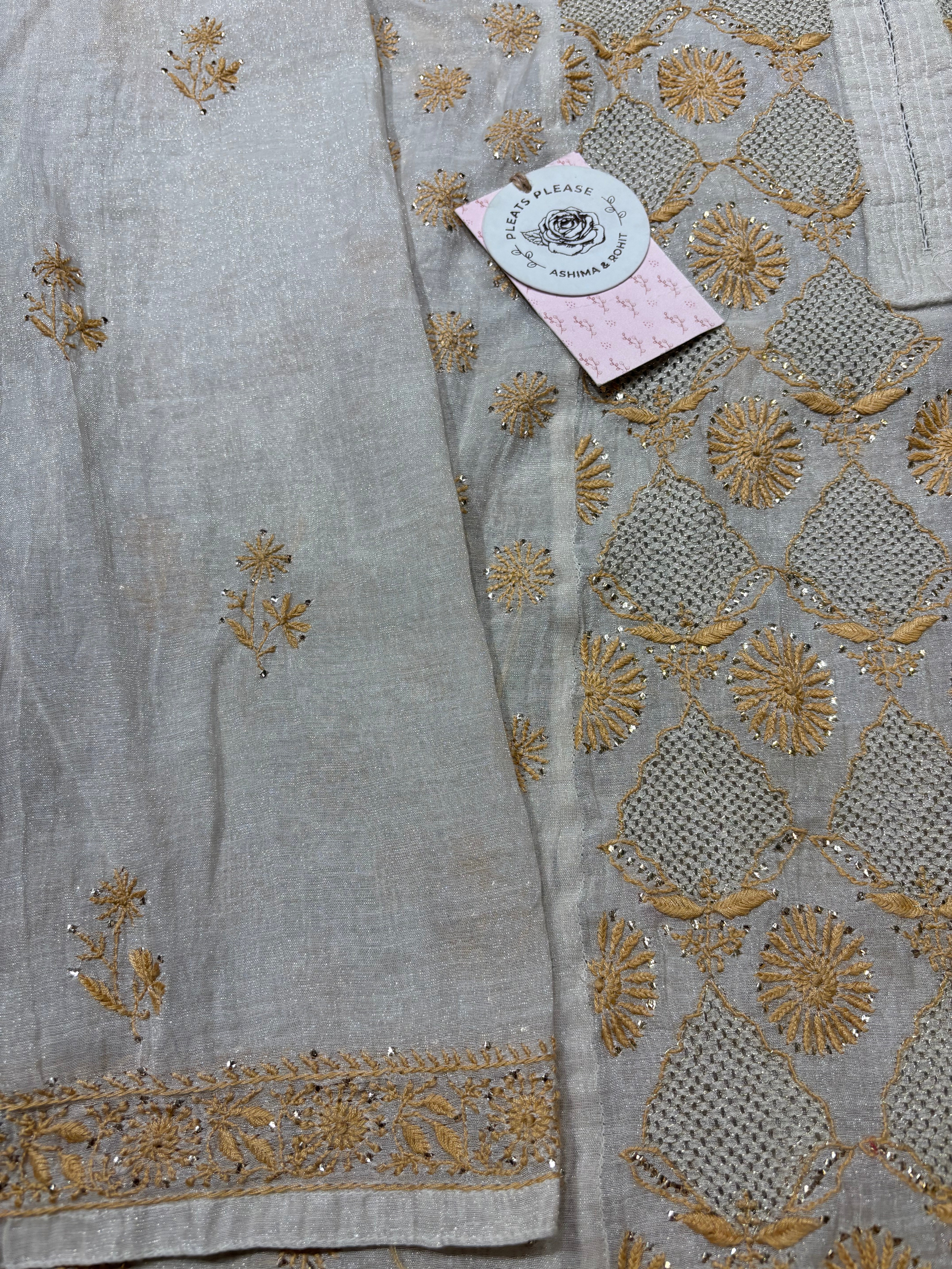 Dyeable Silver Pure And Premium Tissue Chikankari Kurta And Dupatta Set