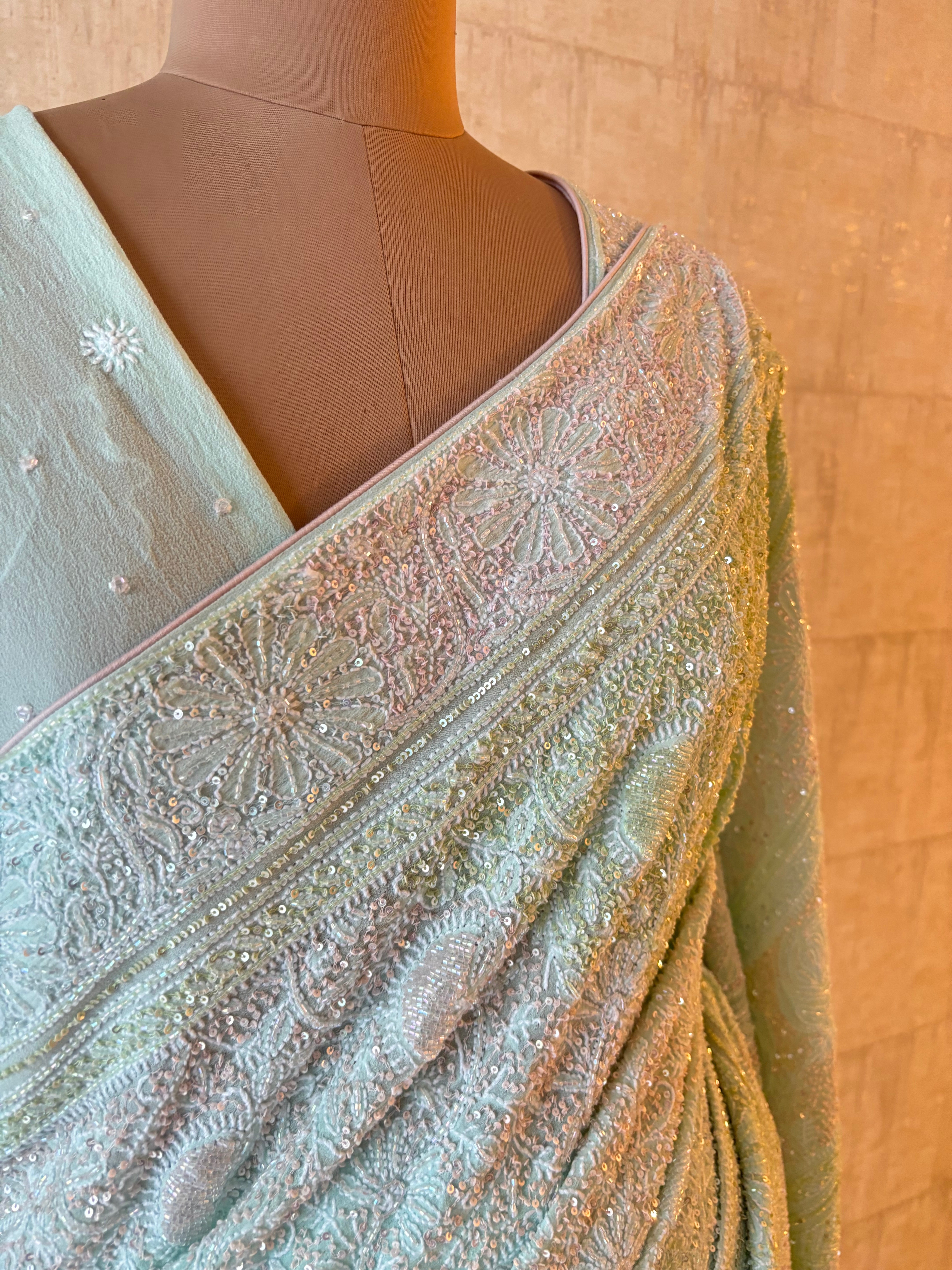 Aqua Blue Pure & Premium Georgette Chikankari Saree & Blouse