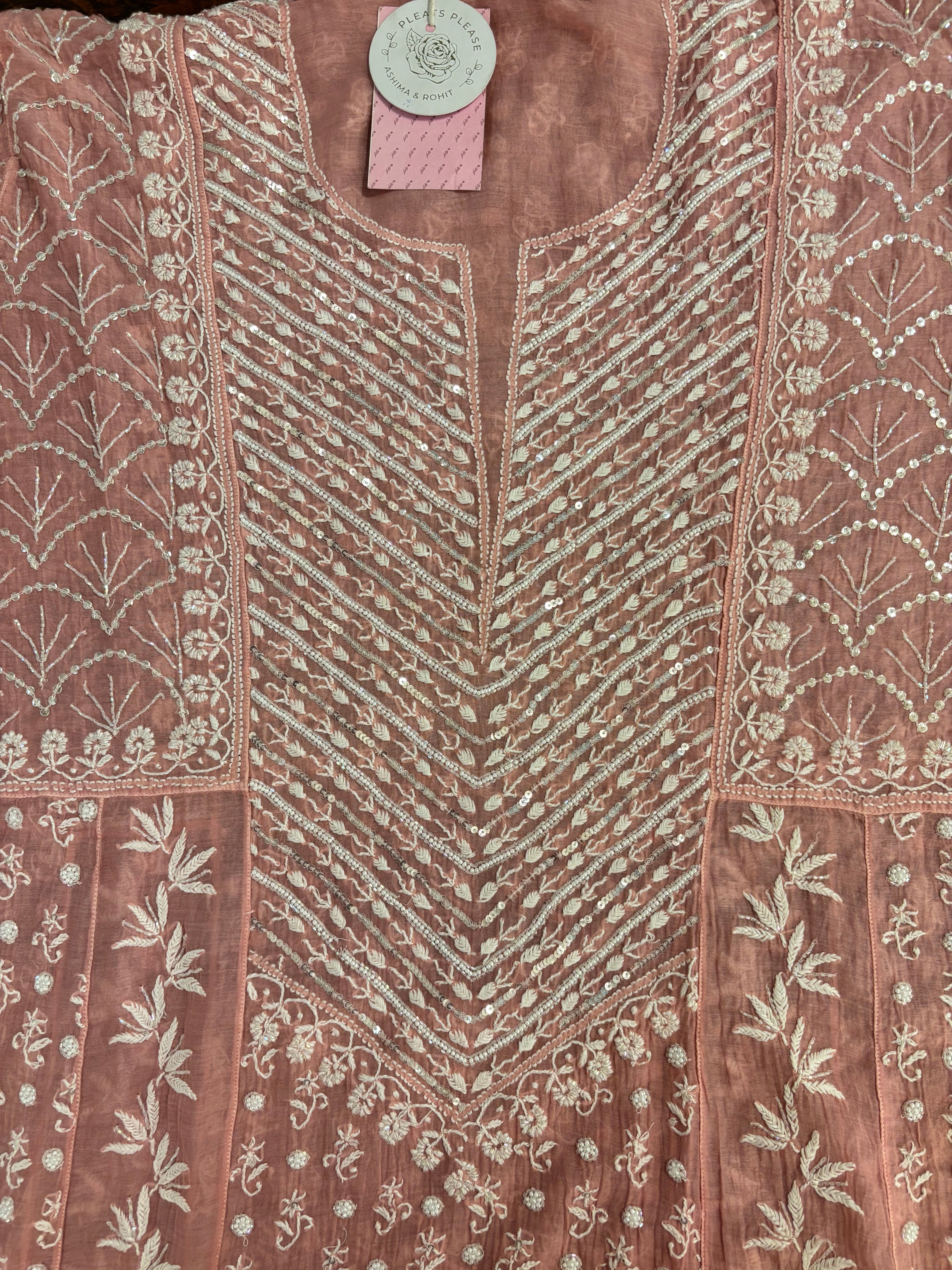 Coral Peach Chanderi Mul Chikankari Anarkali & Dupatta Set