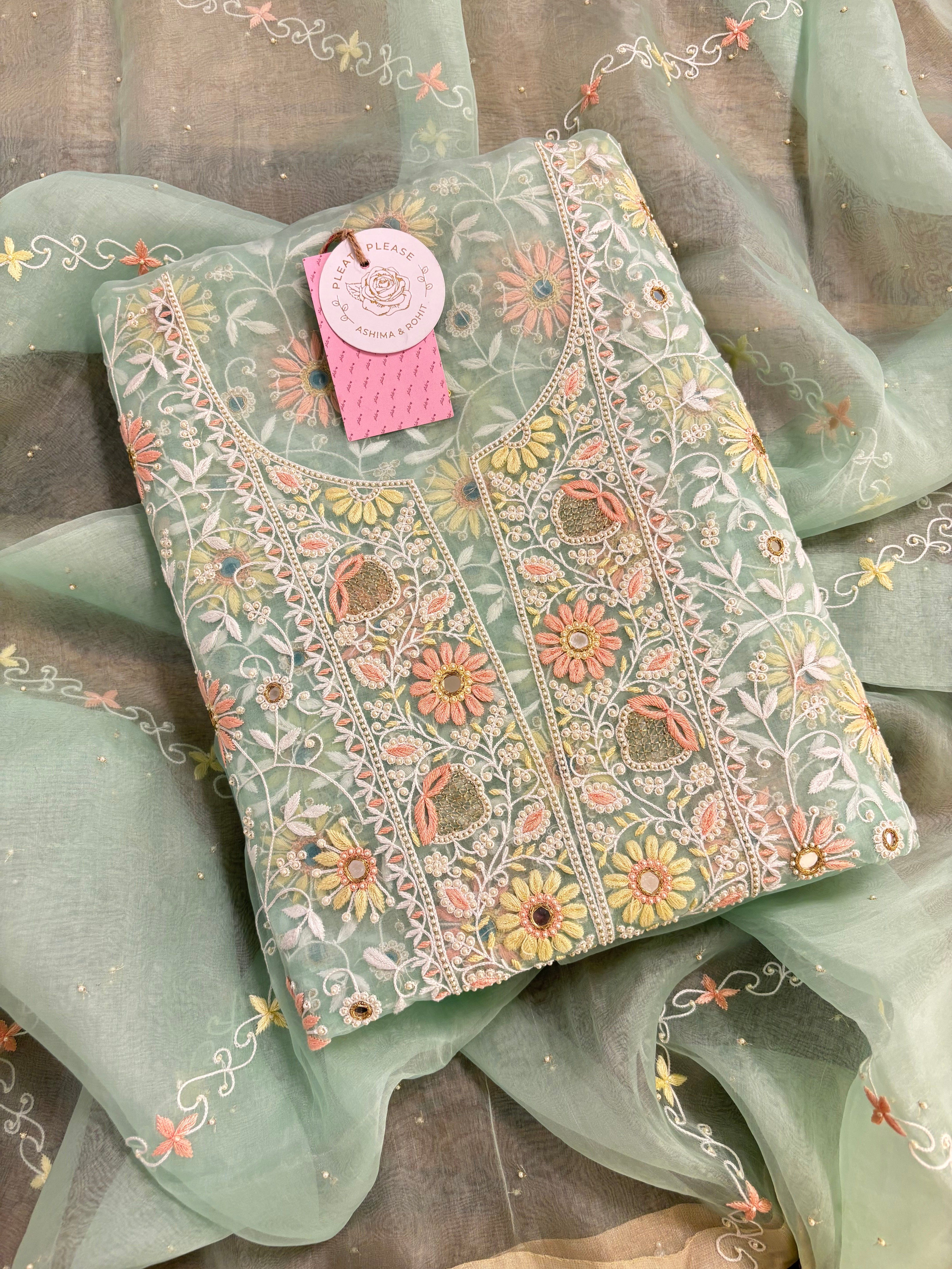 Sage Green Organza Mirror Chikankari Kurta & Dupatta