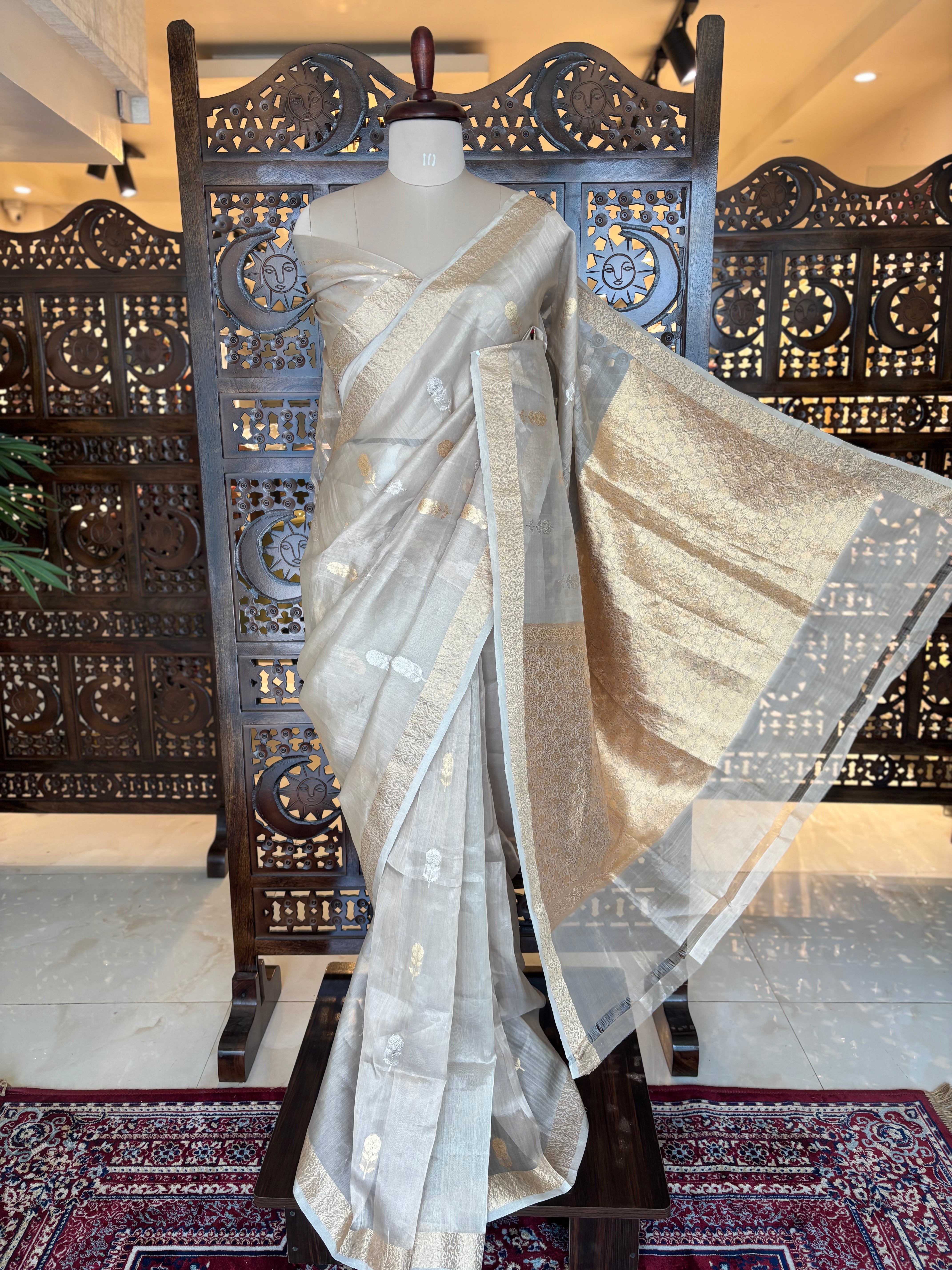 Golden Tissue Organza Banarsi Saree and Blouse - Pleats PleaseChikankari