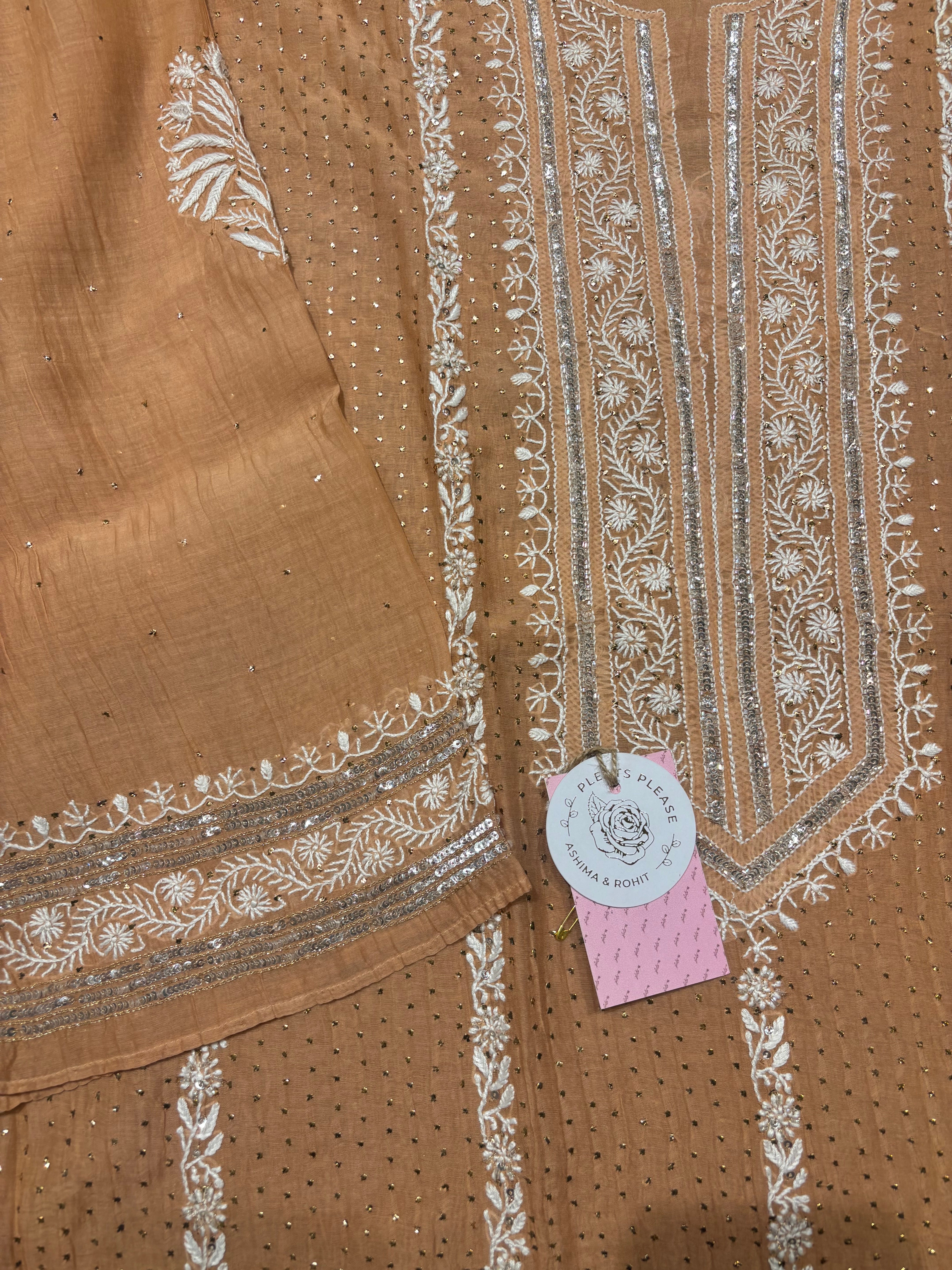 Brown Museli chanderi Mul Chikankari Kurta and Dupatta set