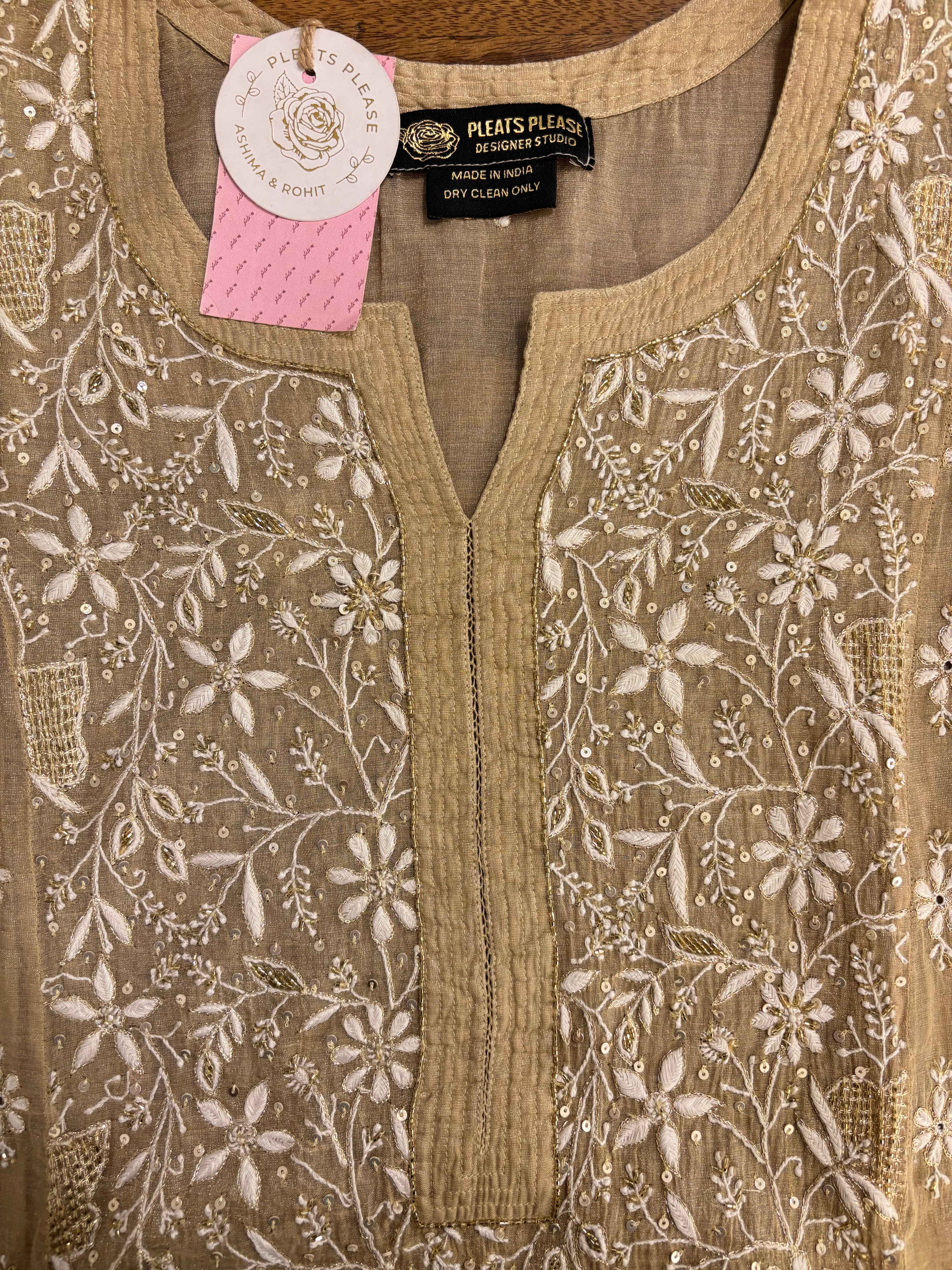 Beige Pure Tissue Chikankari Kurta & Dupatta