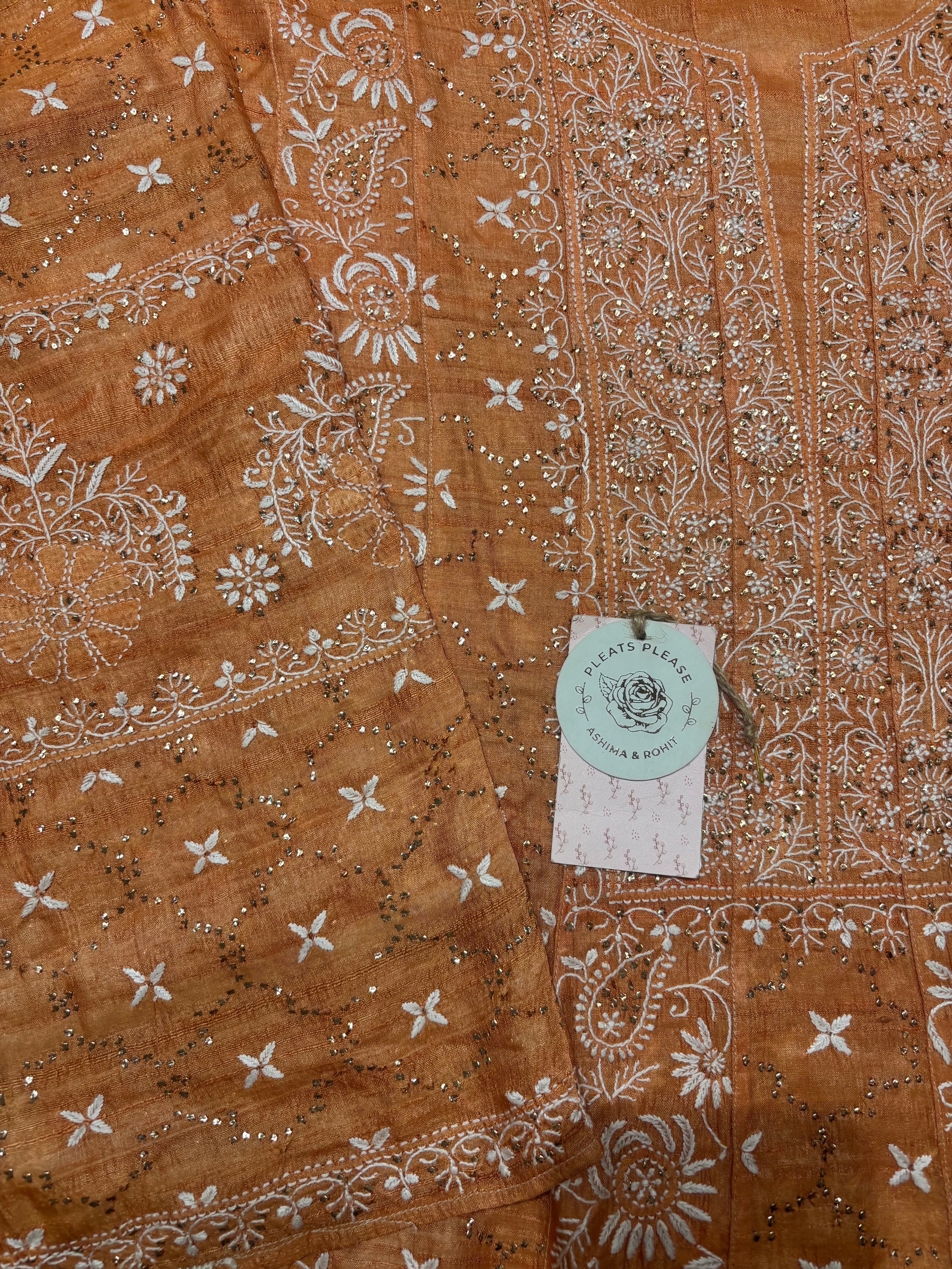 Orange Pure And Premium Tussar Silk Chikankari & Mukaish Anarkali and Dupatta Set