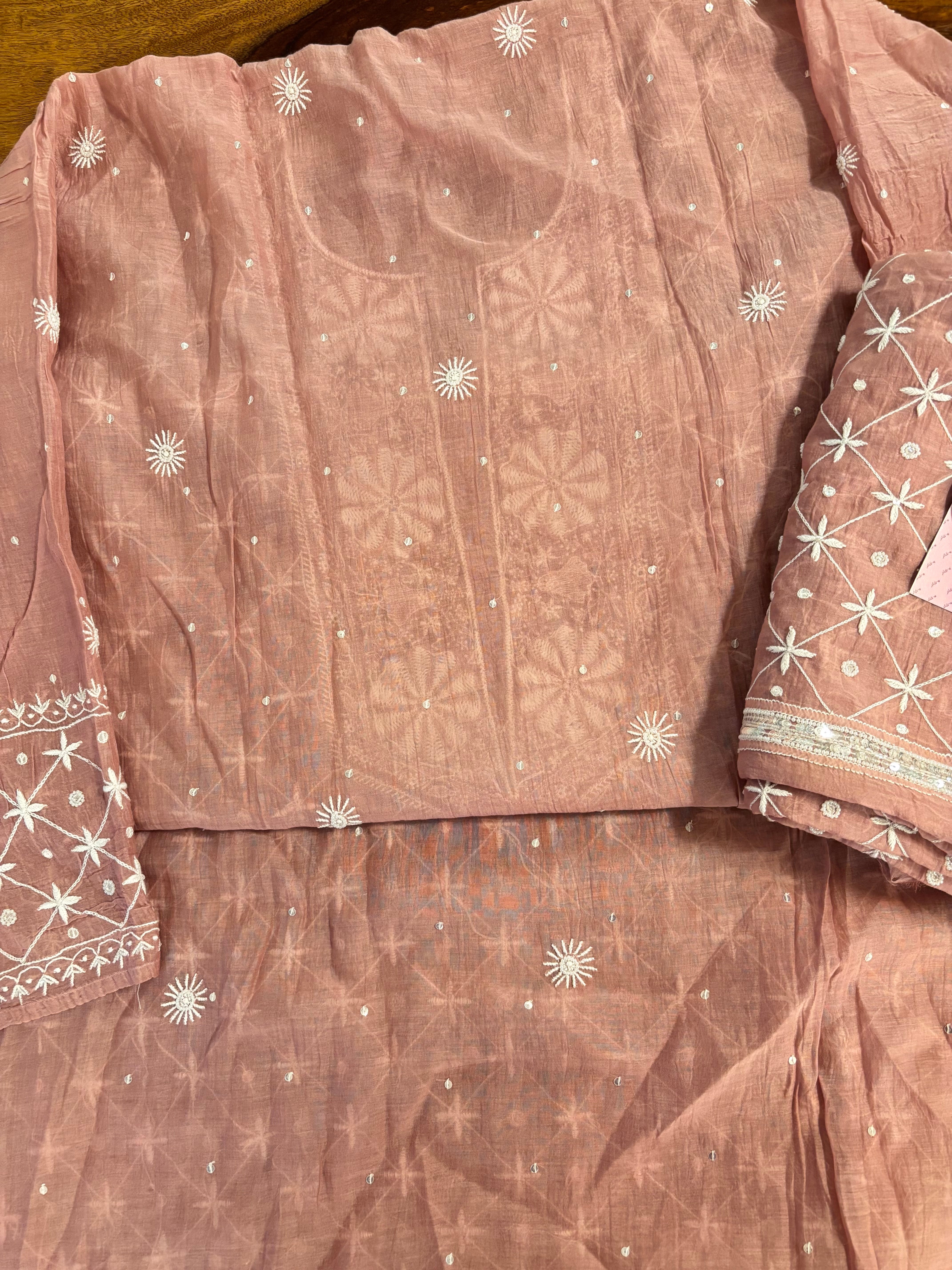 Dusty Peach Chanderi Mul Chikankari Kurta & Heavy Dupatta