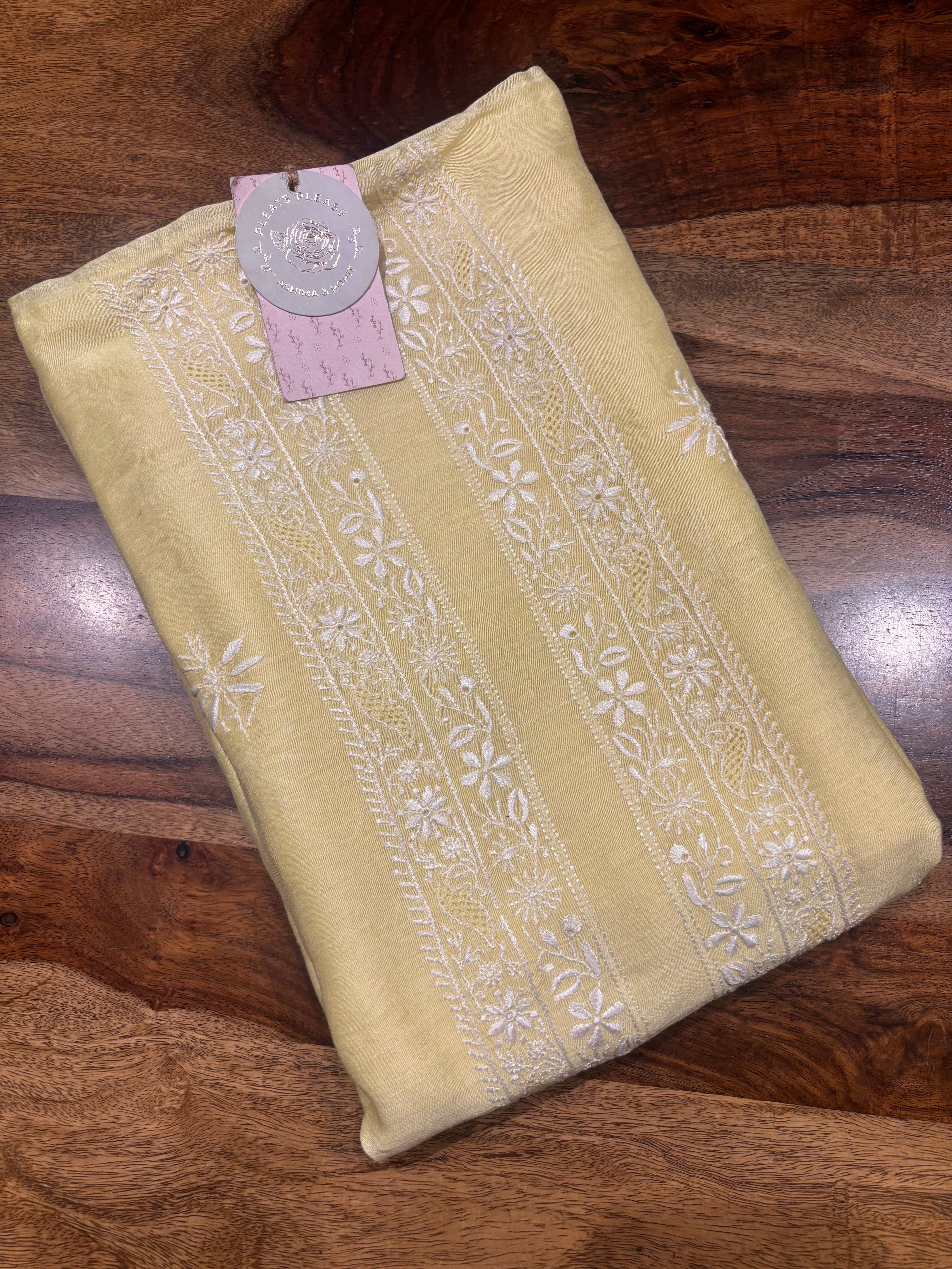 Lemon Yellow Linen Chikankari Men’s Kurta Fabric