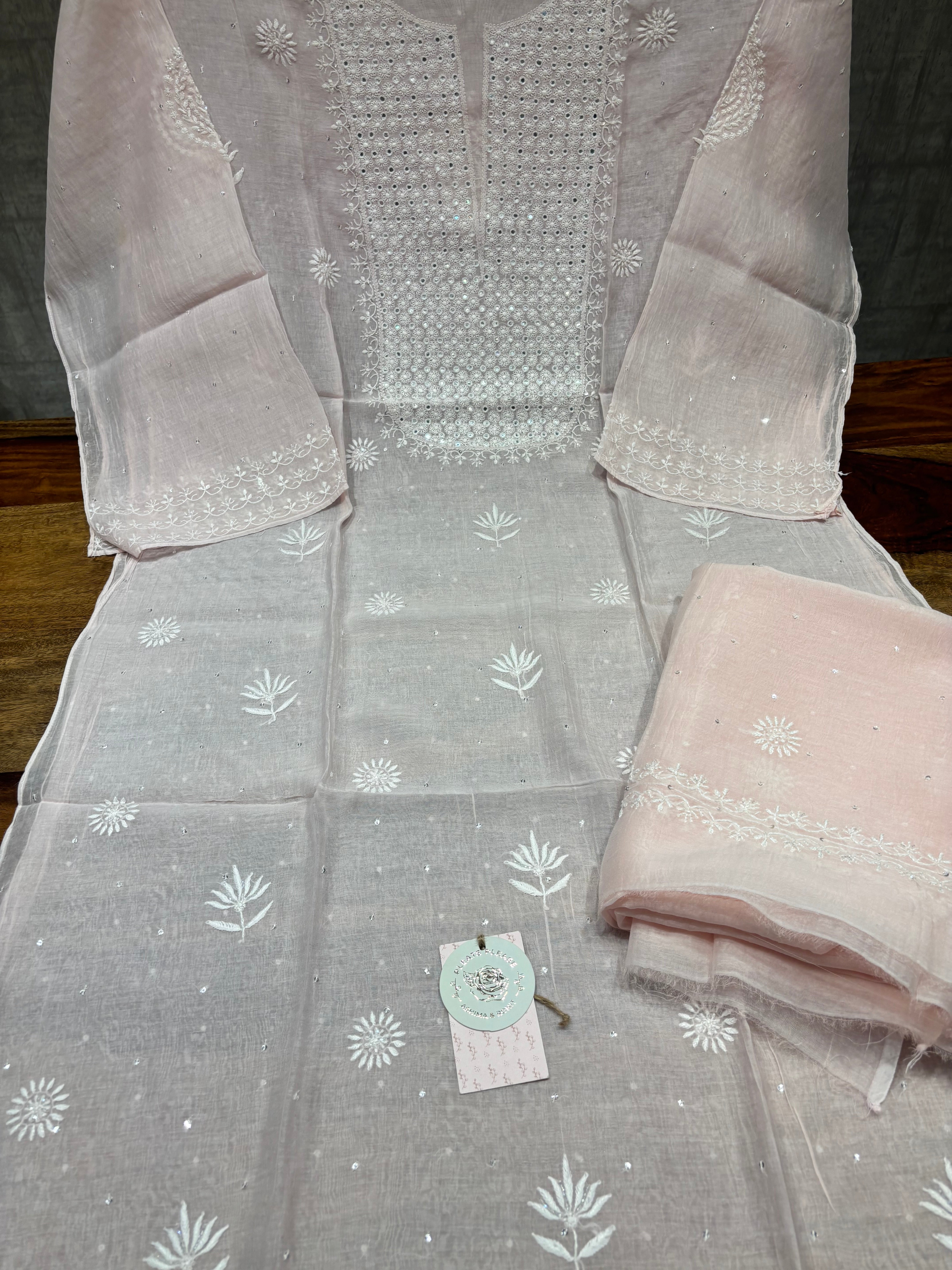 Pink Chanderi Mul Chikankari Kurta and Dupatta Set