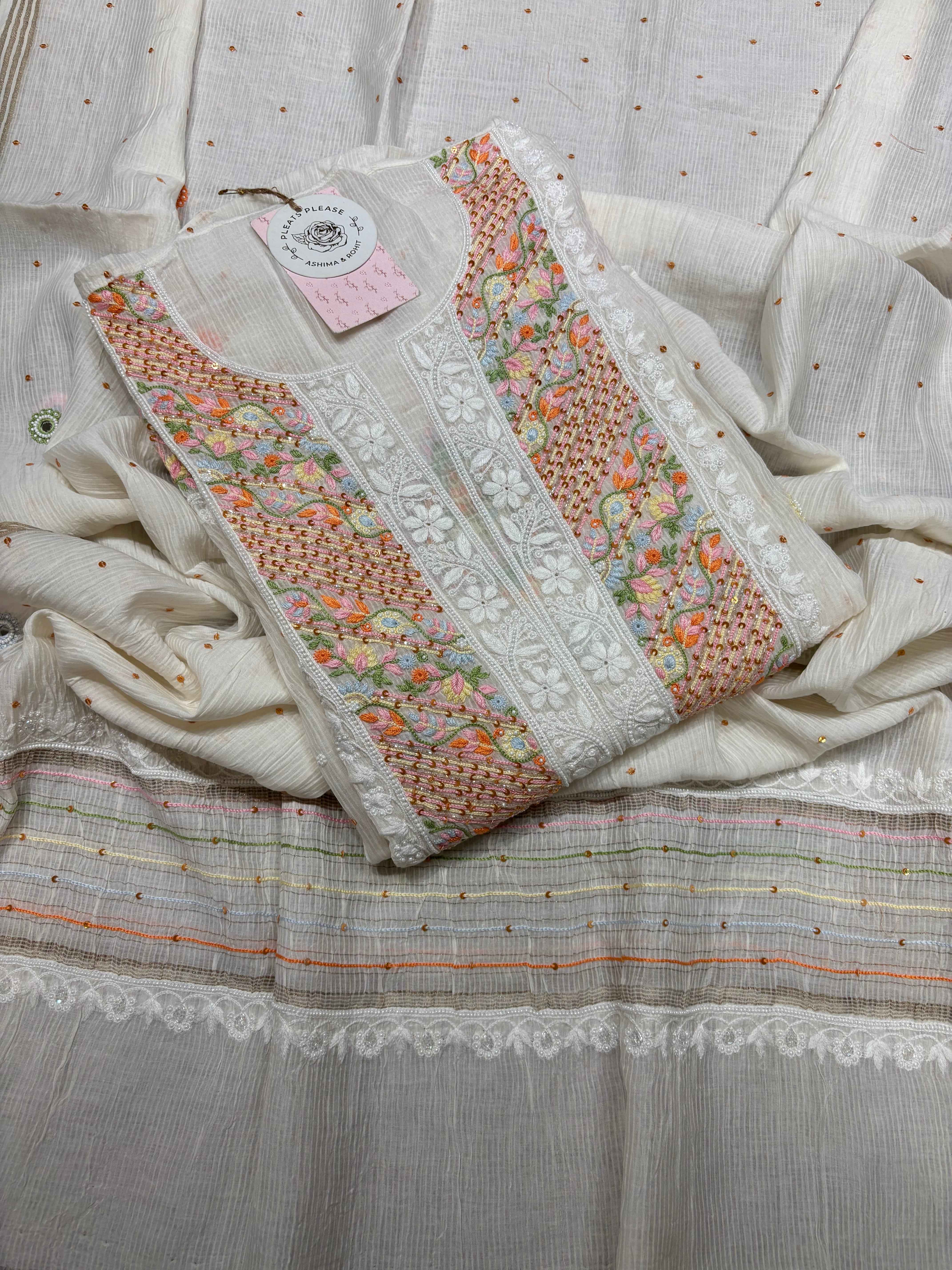 Dyeable Chanderi Maheshwari Multicolour Chikankari Kurta And Dupatta Set - Pleats PleaseChikankari