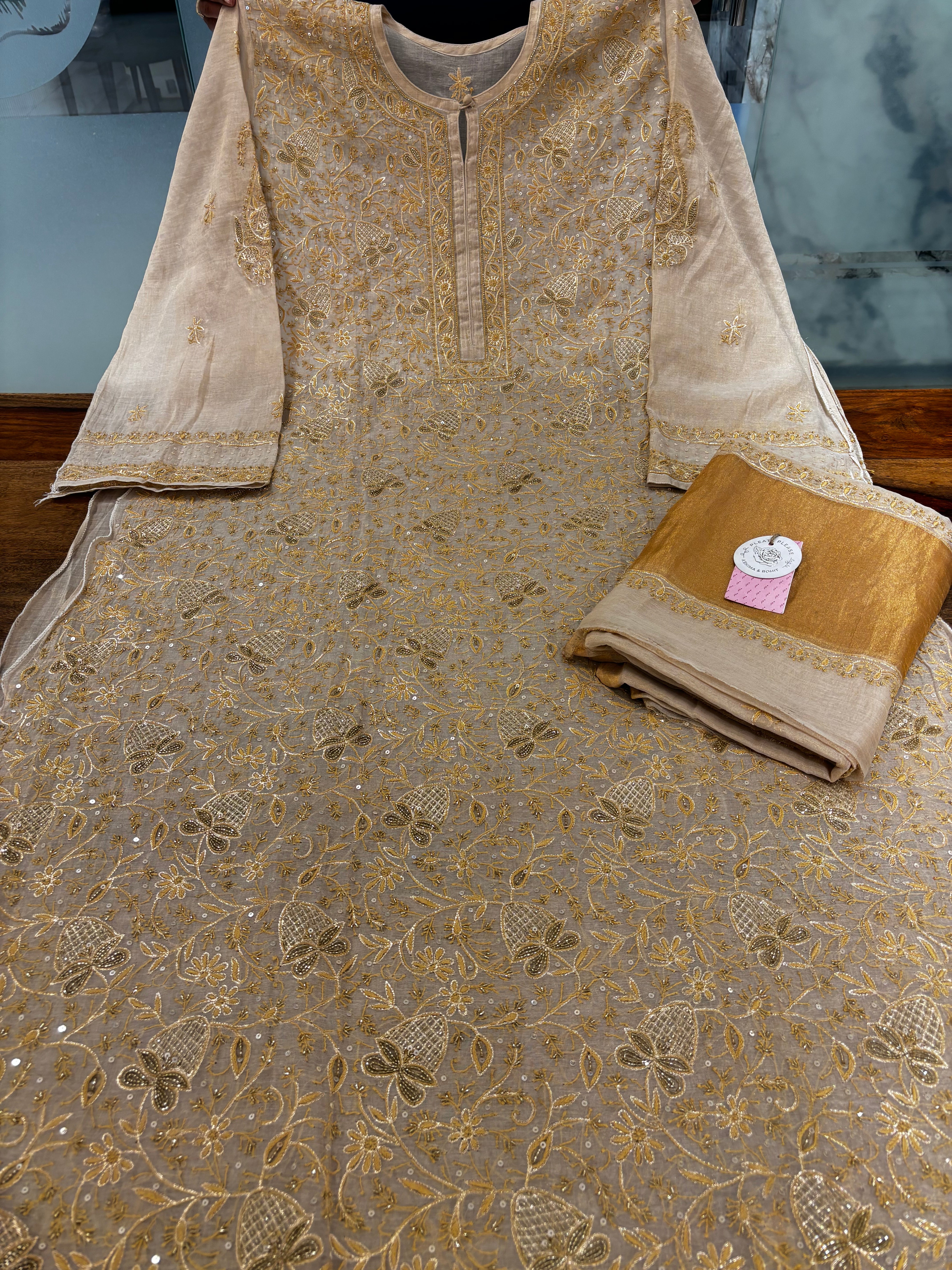 Dyeable Pure & Premium Tissue Heavy Jaal Chikankari Kurta & Dupatta