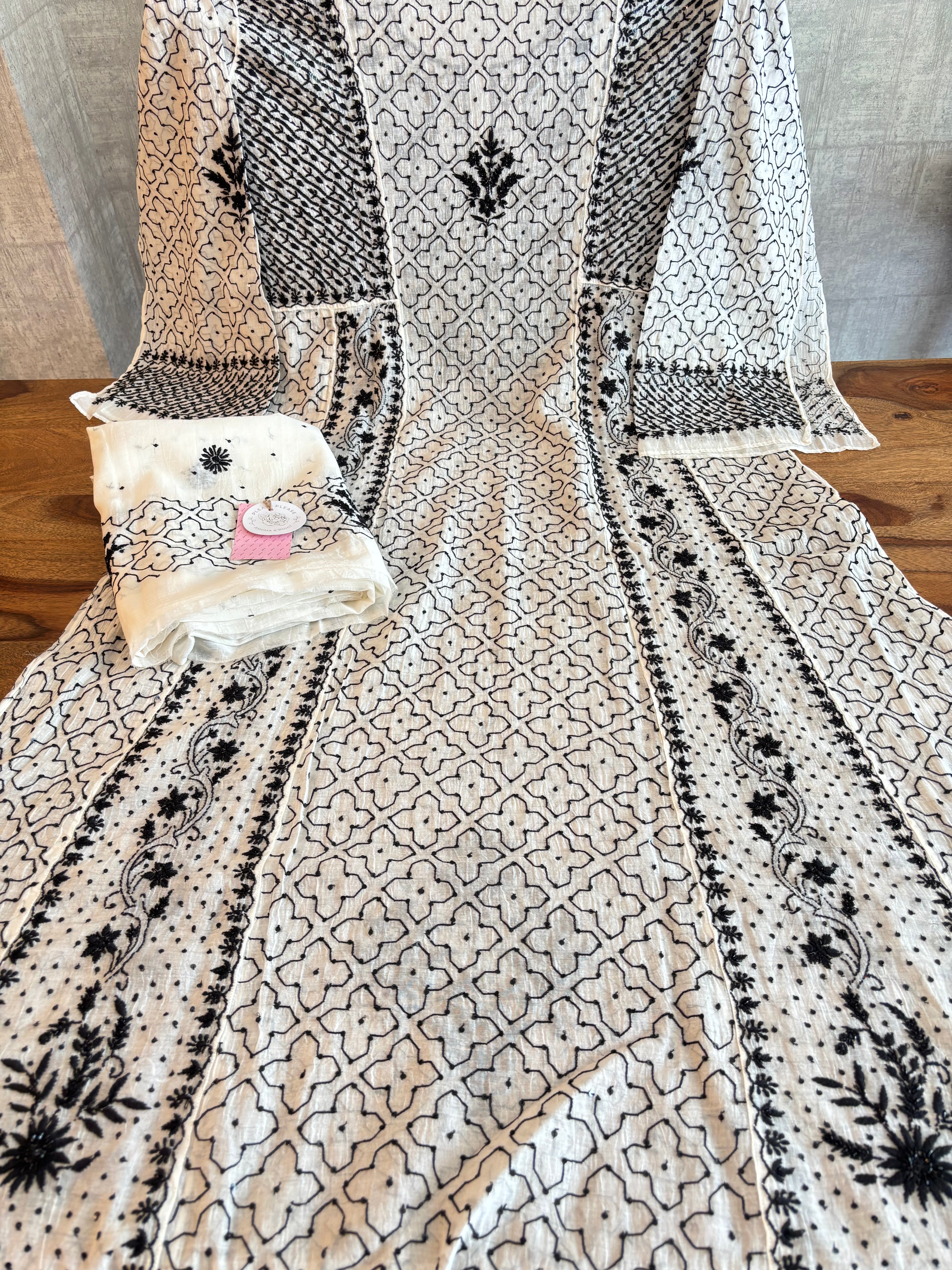 Dyeable Black and White Chanderi Mul Chikankari Anarkali & Dupatta