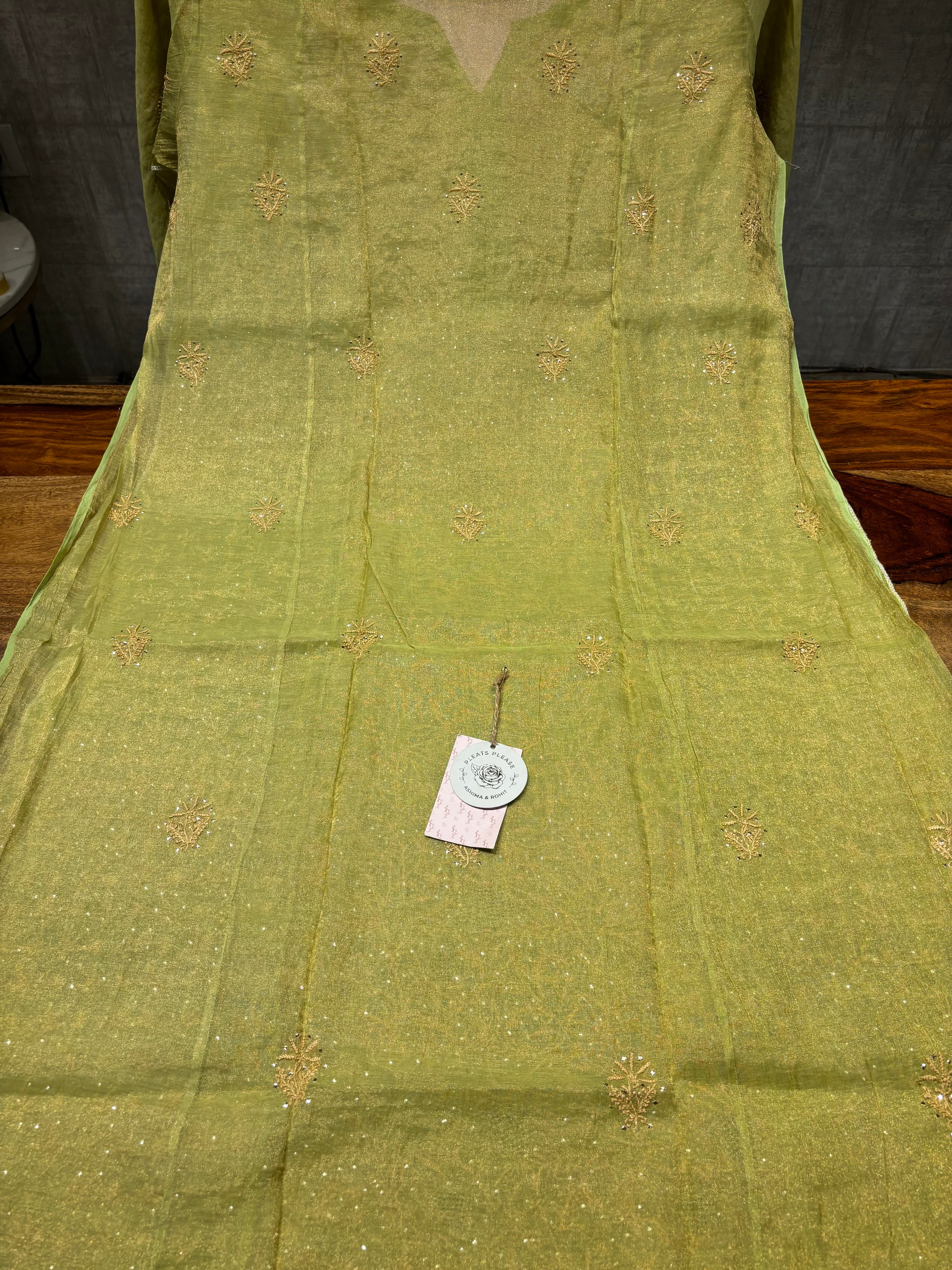Green Pure And Premium Tissue Chikankari Kurta And Dupatta Set