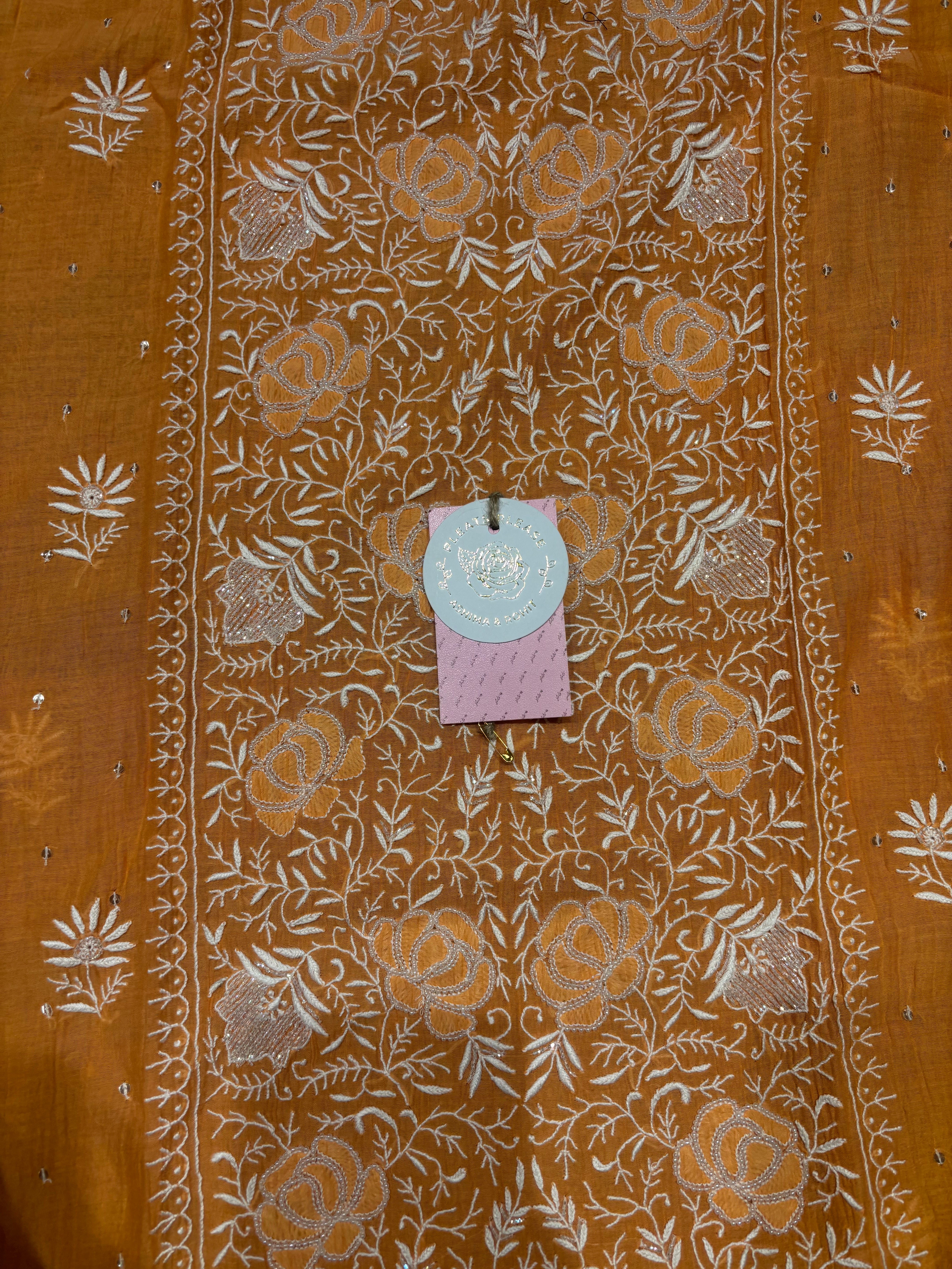 Orange Chanderi Mul Chikankari Kurta and Dupatta Set