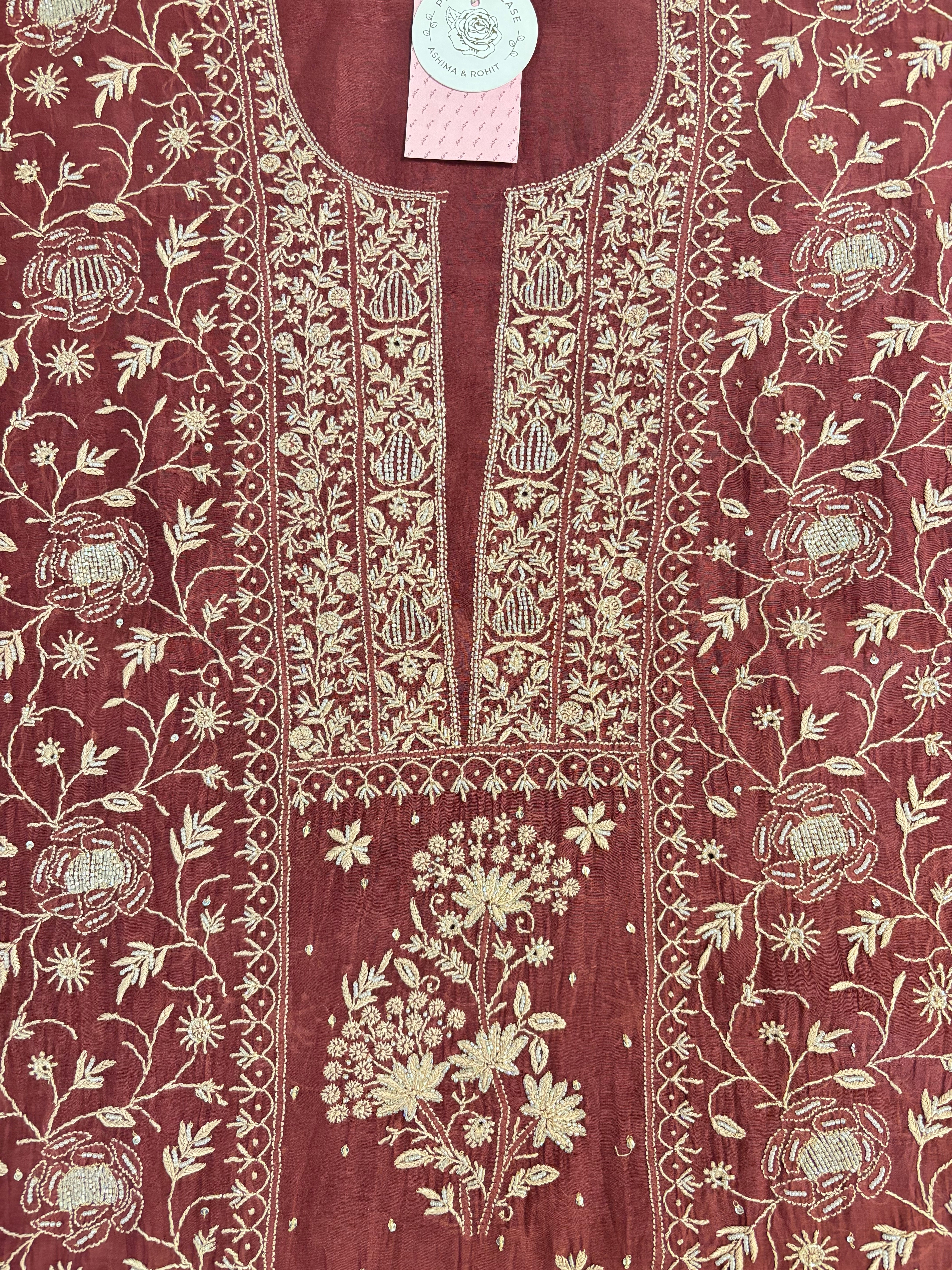 Maroon Pure Chnderi Chikankari Kurta & Dupatta