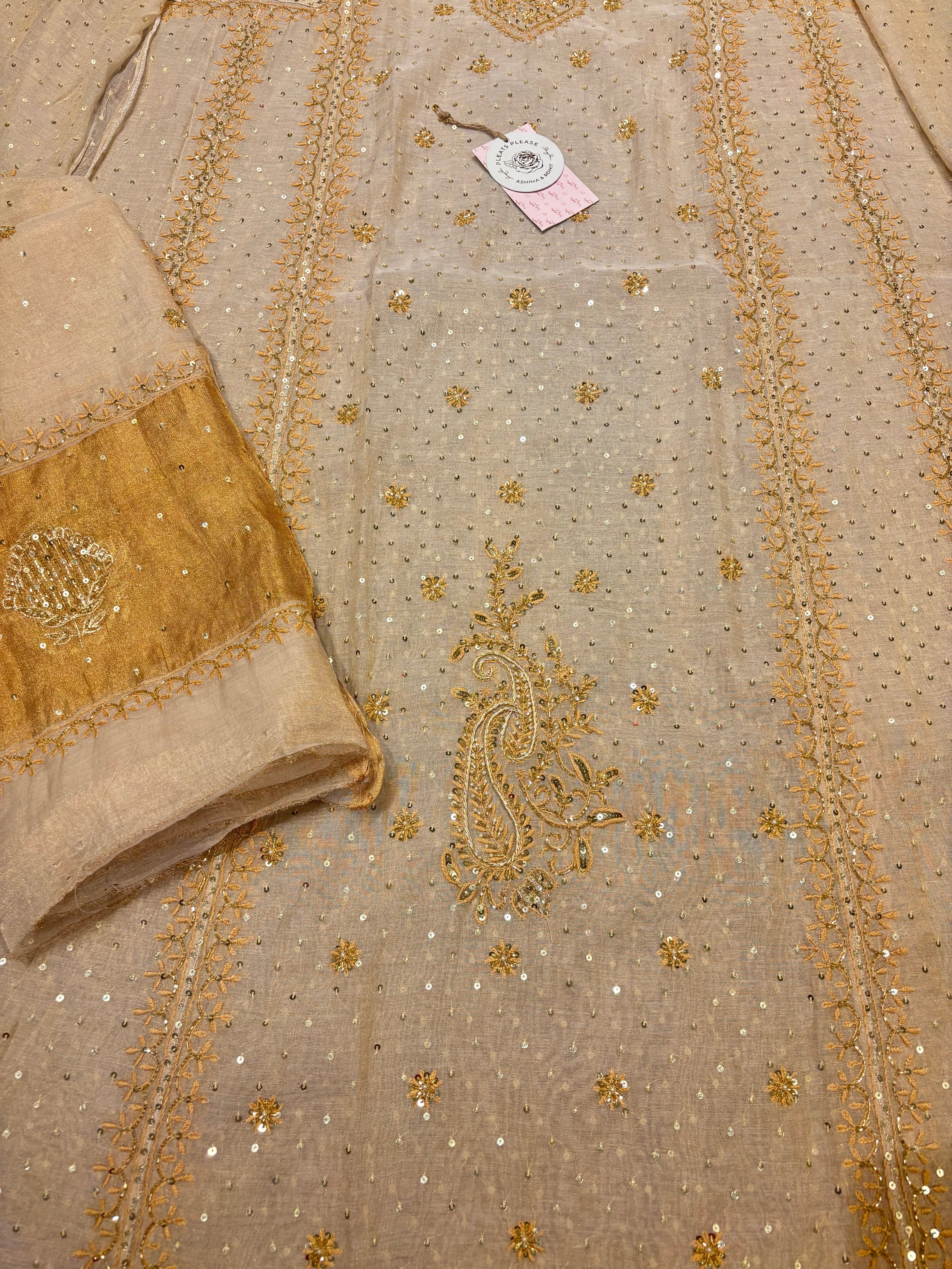 Dyeable Golden Pure Tissue Chikankari A line Anarkali and Dupatta Pearl Neckline