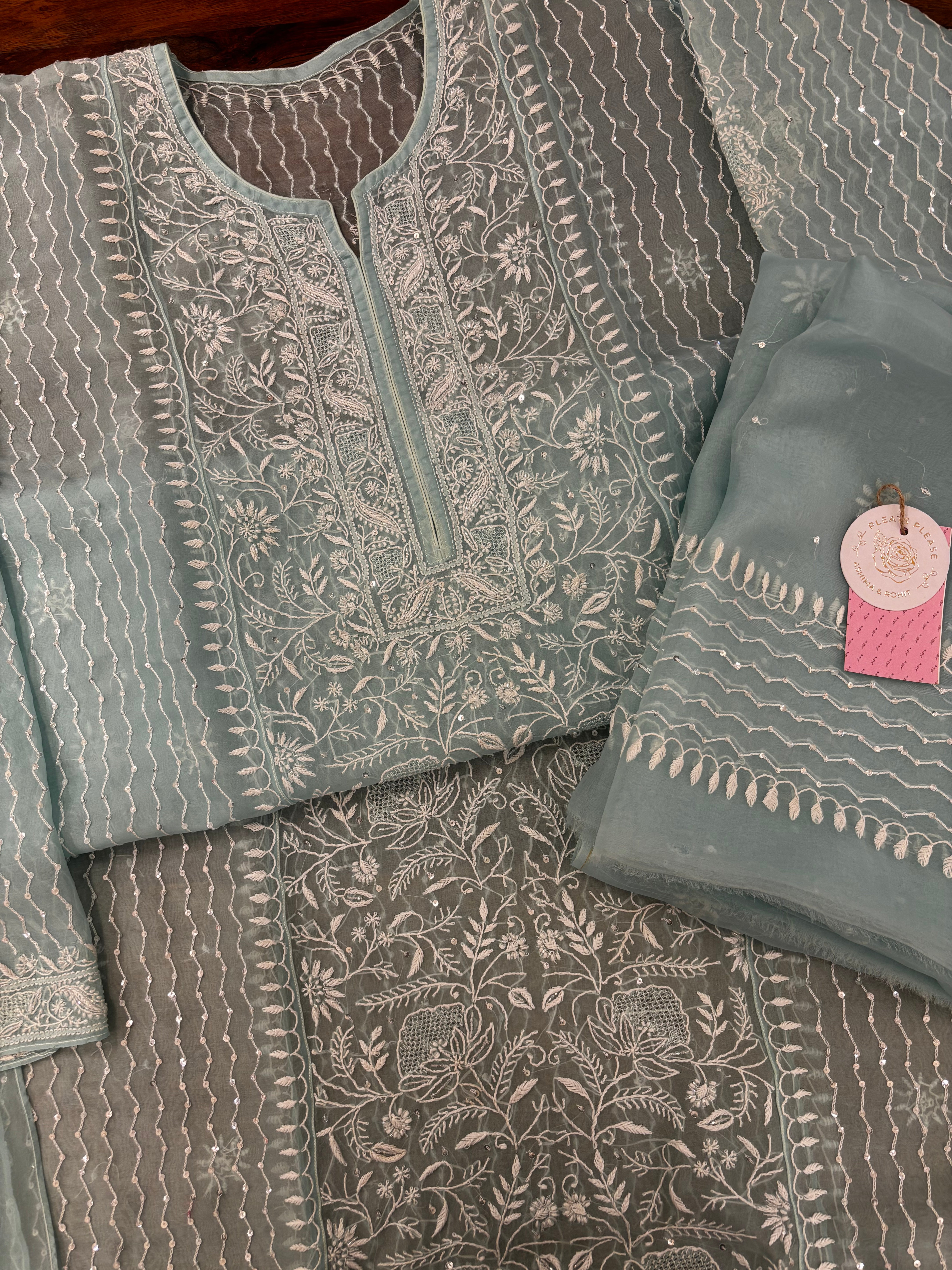 Mint Green Pure Organza Chikankari Kurta & Dupatta - Pleats PleaseChikankari