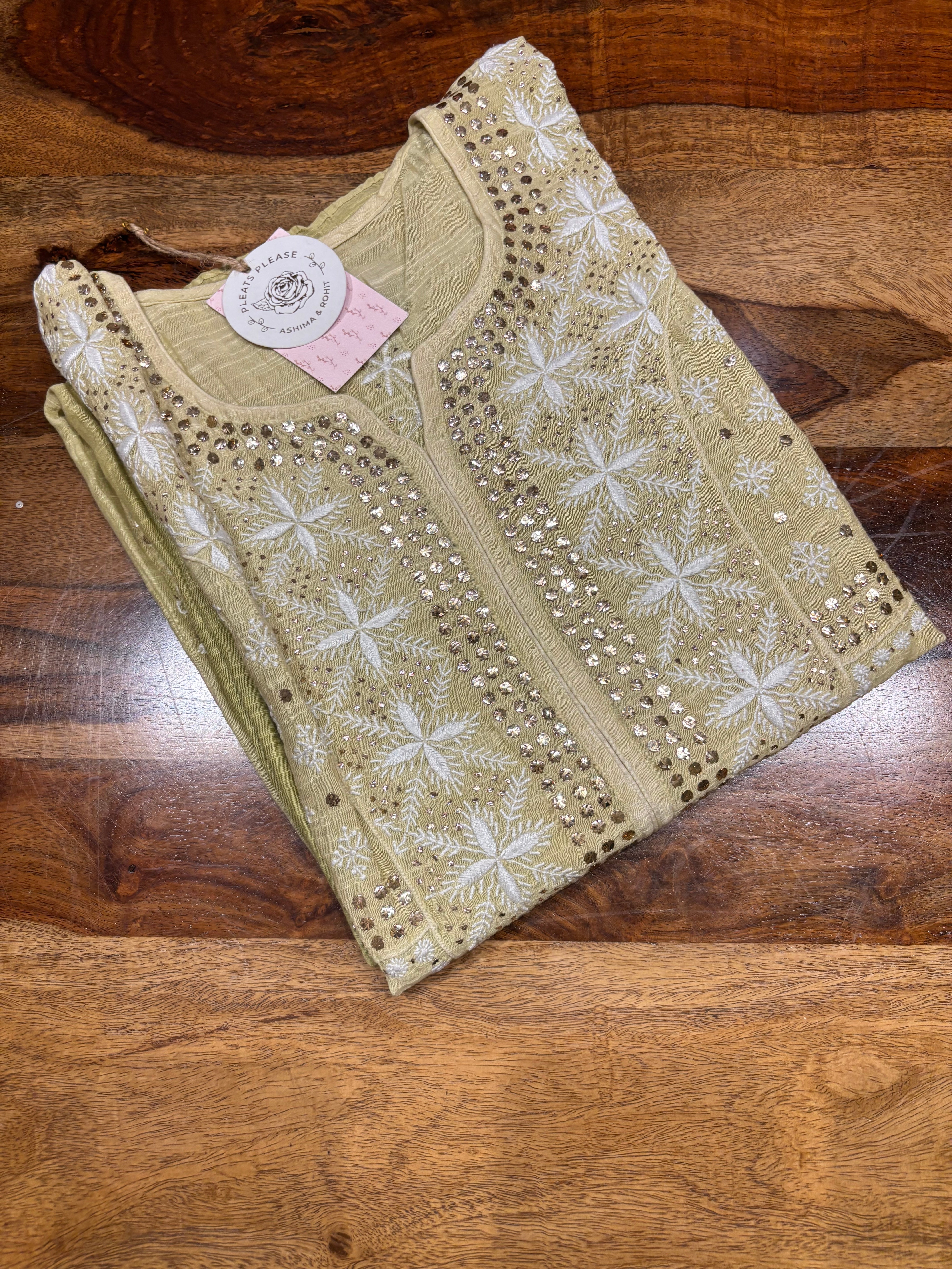 Green Ombre Linen Chikankari Mukaish Kurta