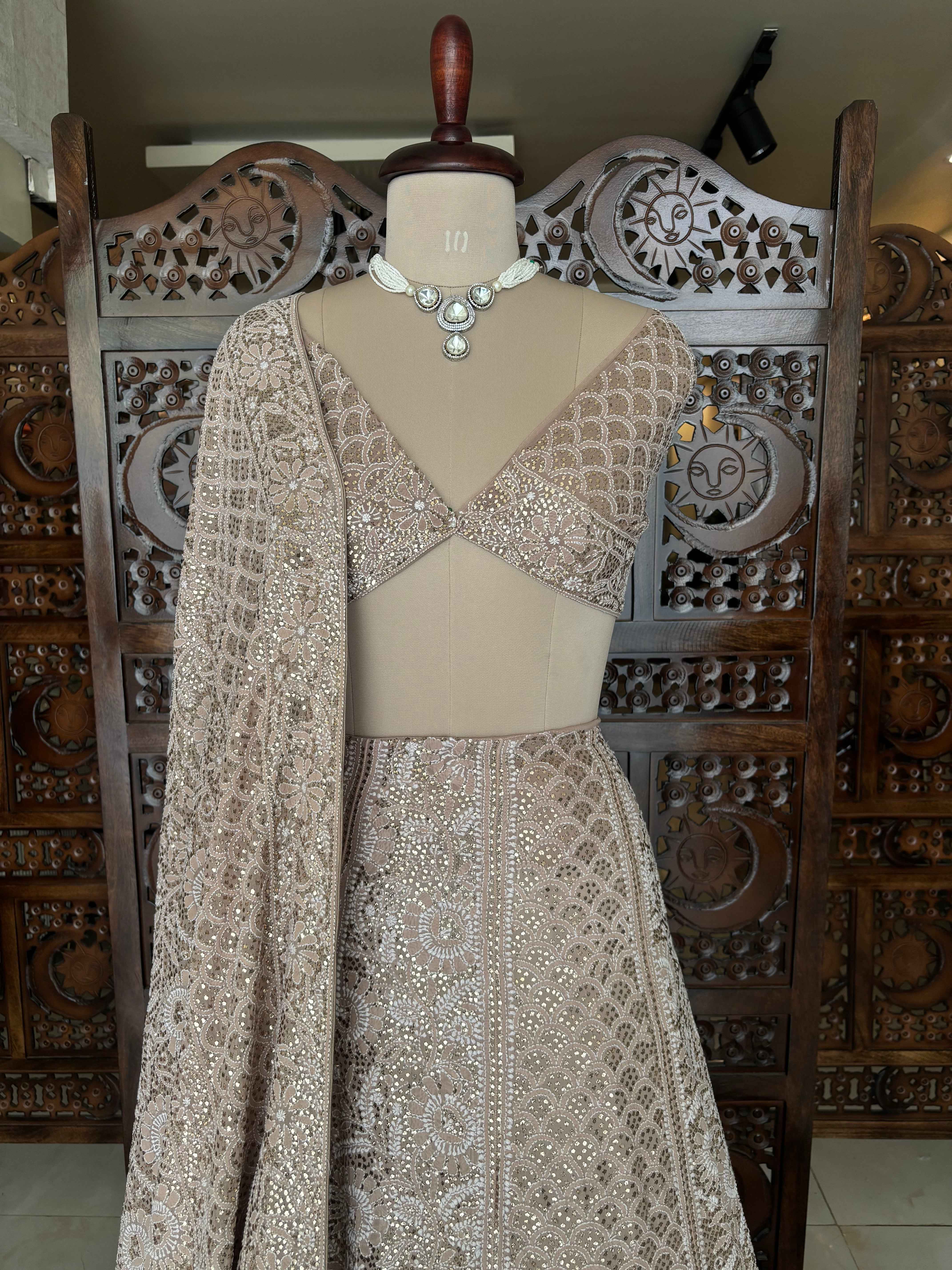 Champagne Beige Pure & Premium Georgette Chikankari Mukaish Lehenga & Dupatta Set