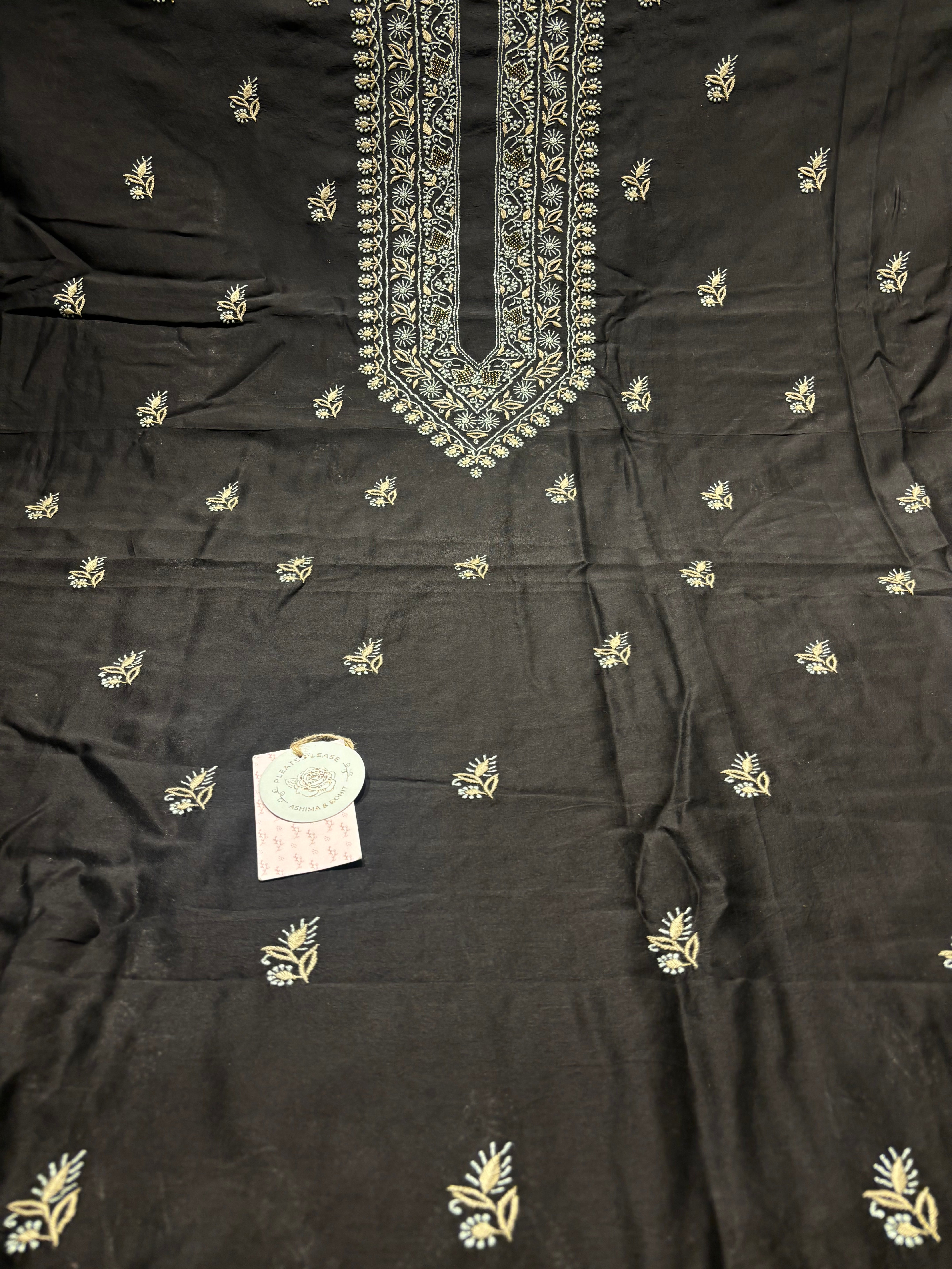 Black Chanderi Silk Chikankari Men’s Kurta Fabric