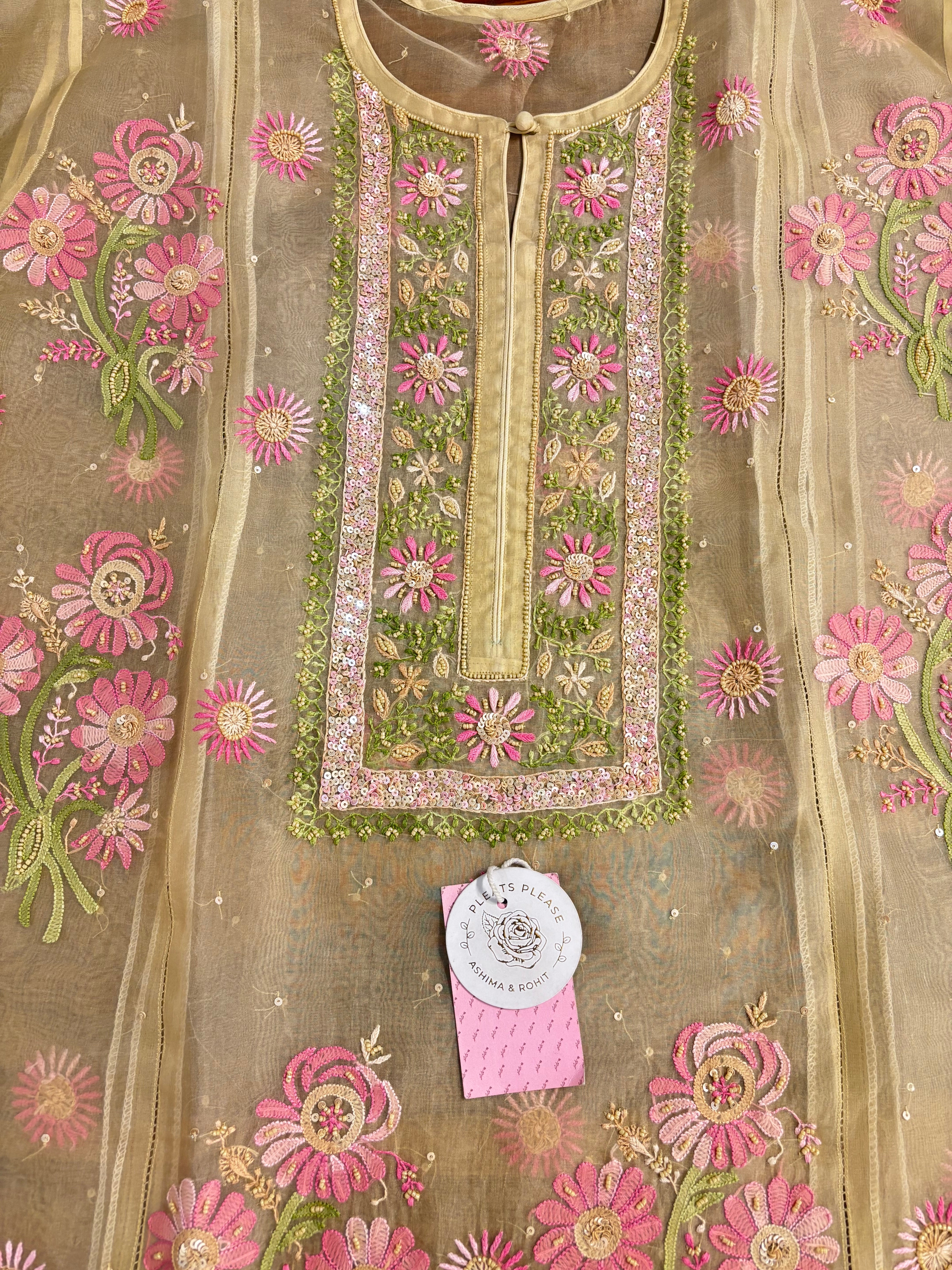 Golden Pure Organza Silk Chikankari Kurta & Dupatta