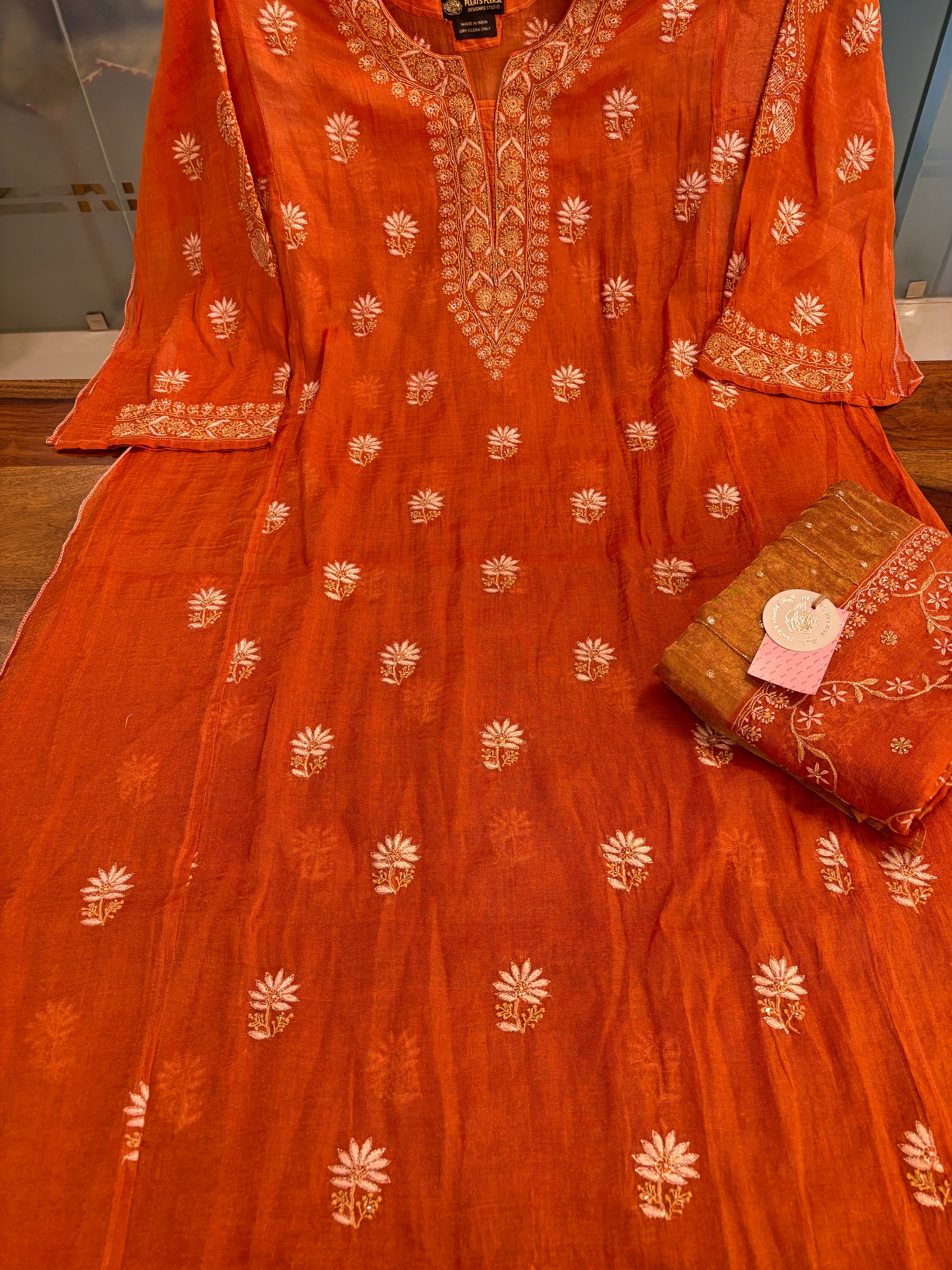 Burnt Orange Pure & Premium Tissue Chikankari A-Line Kurta & Dupatta