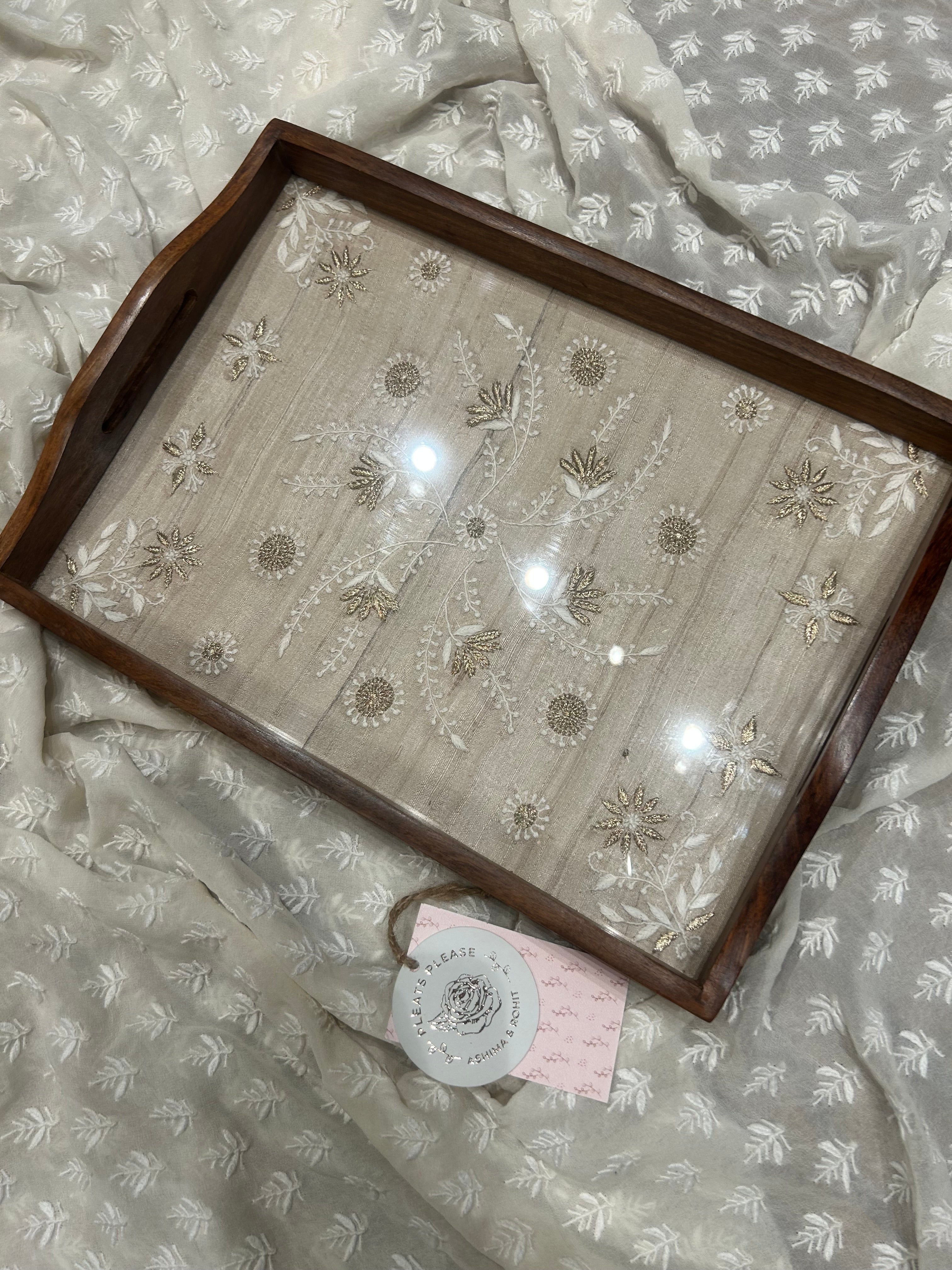 Fawn Silk Rectangle Chikankari Wooden Tray