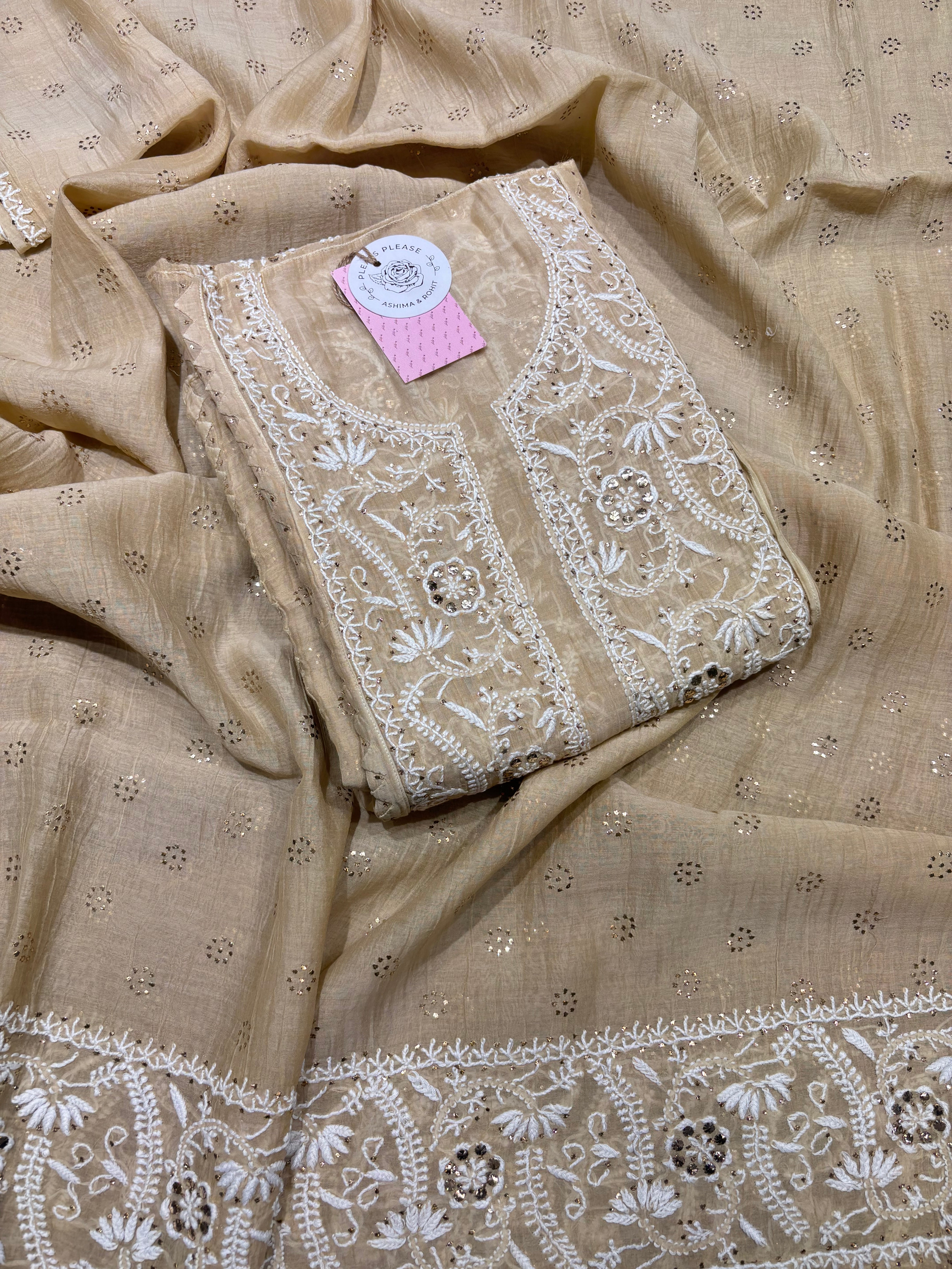 Beige Chanderi Mul Chikankari and Mukaish kurta and Dupatta set