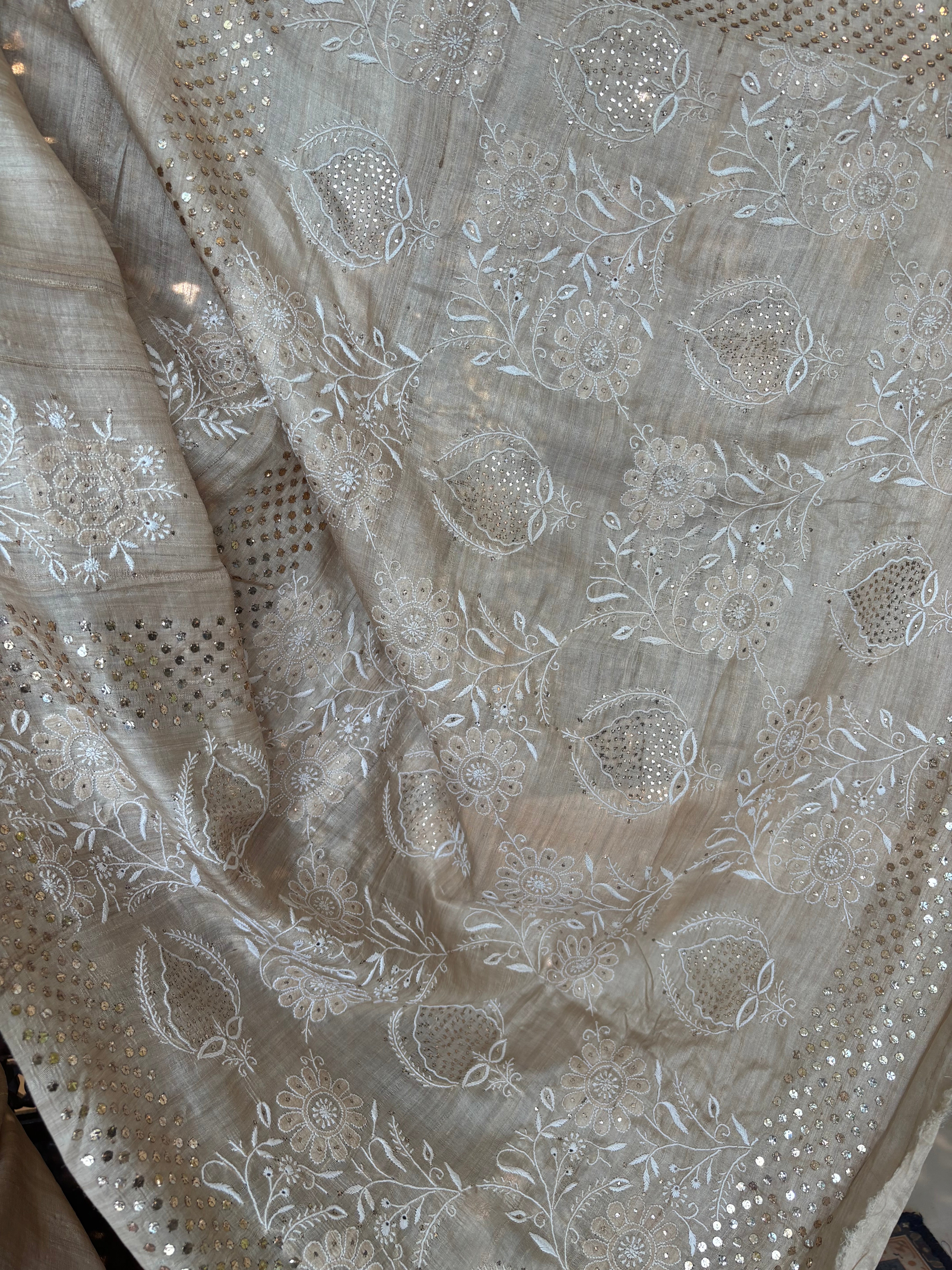Natural Tussar Silk Chikankari Mukaish Saree