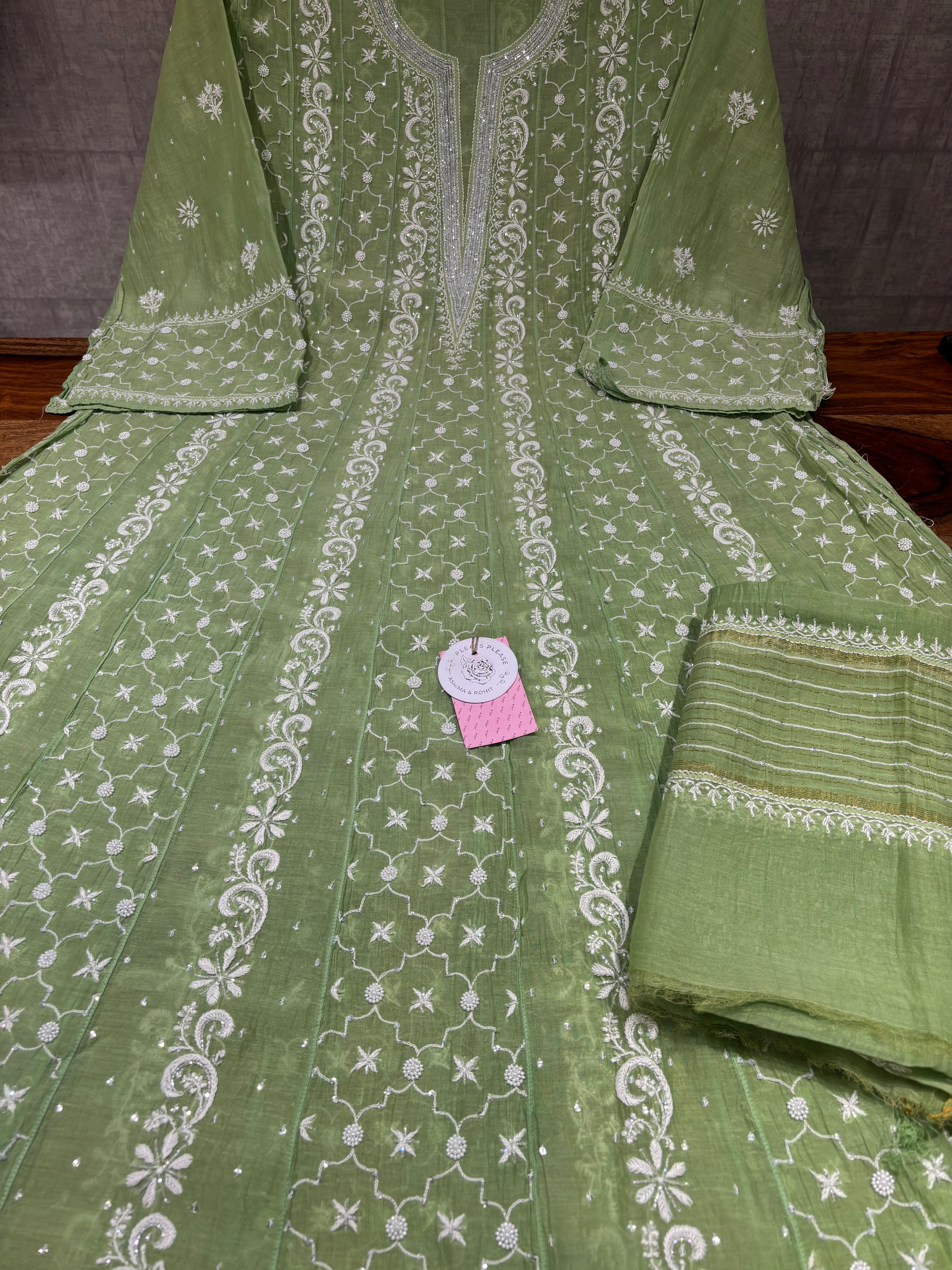 Mint Green Chanderi Mul Chikankari Anarkali & Dupatta Set