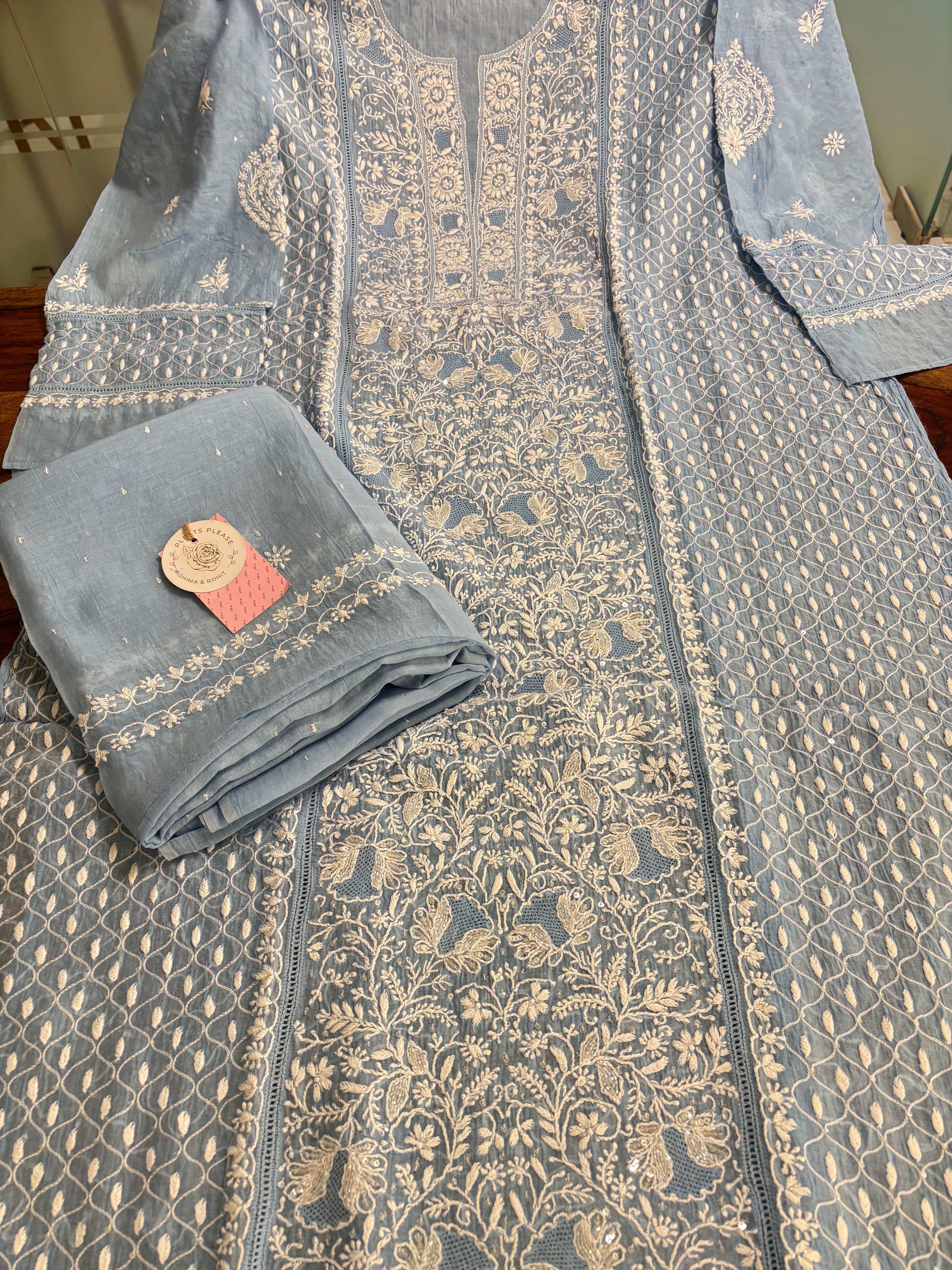 Powder Blue Chanderi Mul Chikankari Kurta and Dupatta